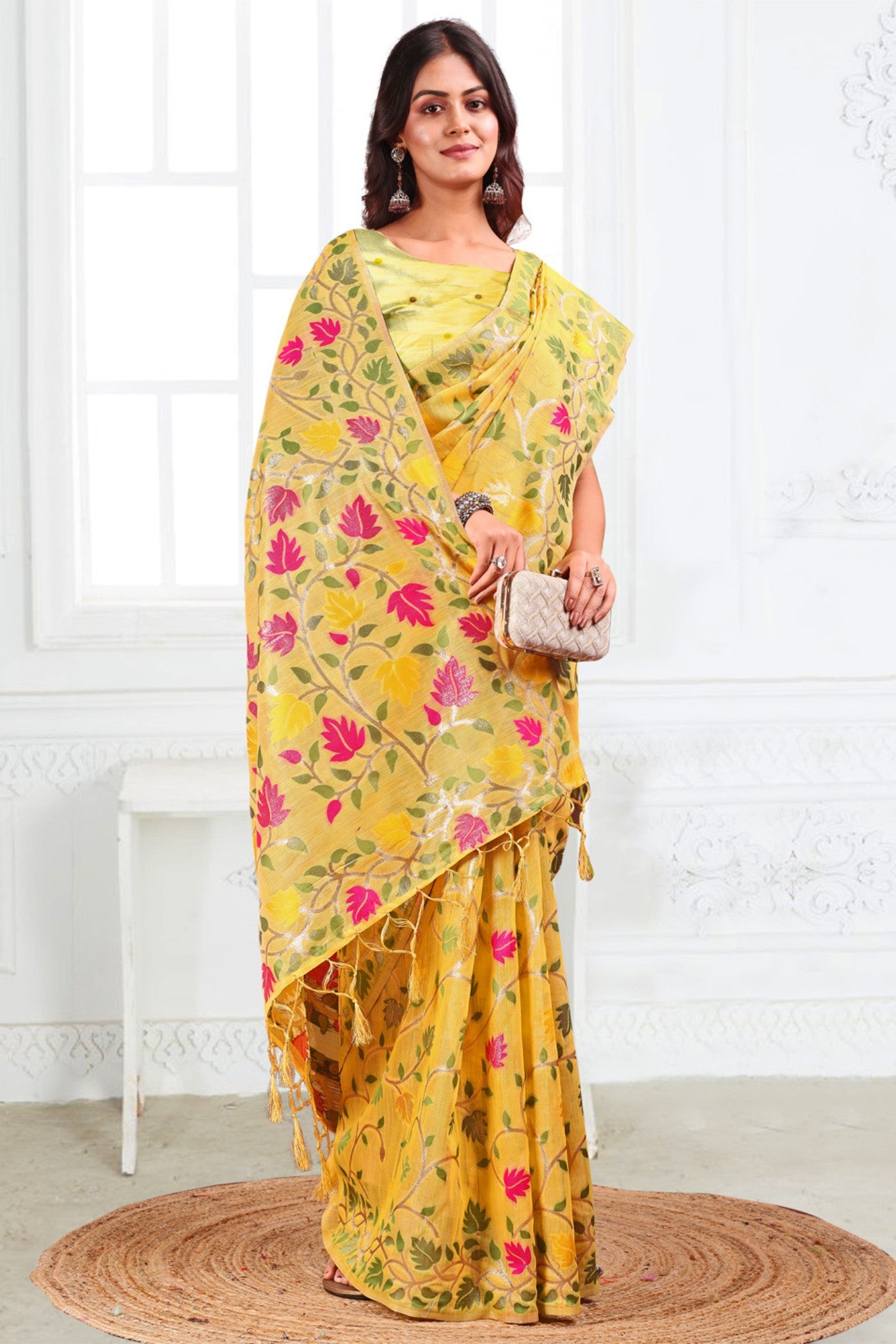 Buy MySilkLove Saffron Yellow Woven Linen Cotton Saree Online