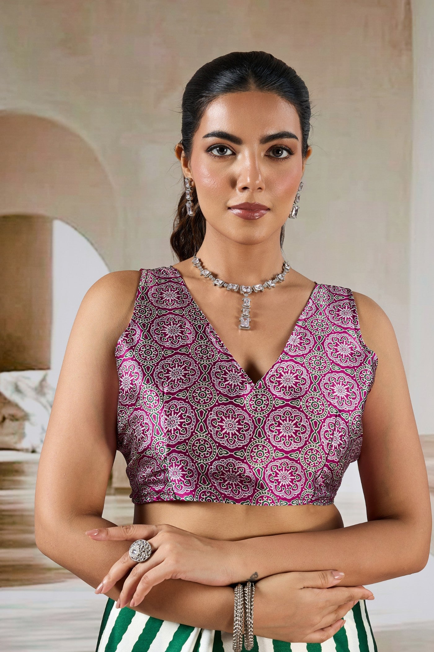 Buy MySilkLove Meadow Green Stripe Ajrakh Printed Satin Crepe Silk Saree Online