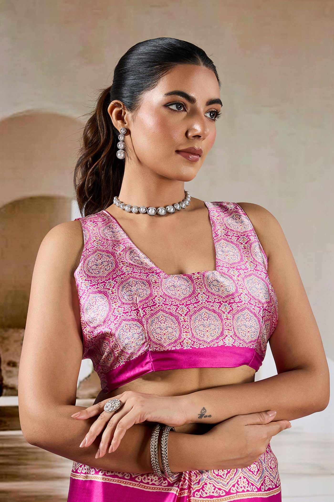 Buy MySilkLove Flower Bloom Pink Ajrakh Printed Satin Crepe Silk Saree Online