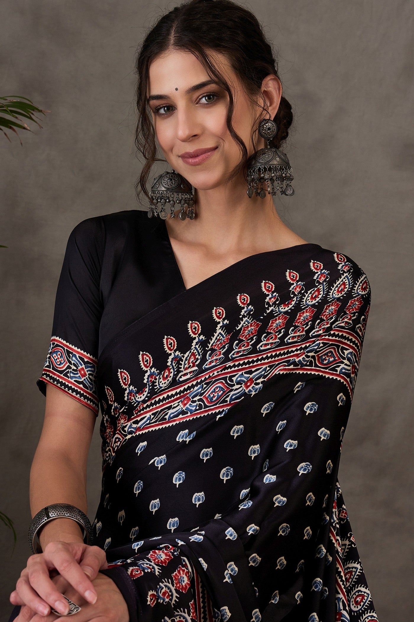 Buy MySilkLove Tuna Black Ajrakh Printed Satin Gaji Silk Saree Online