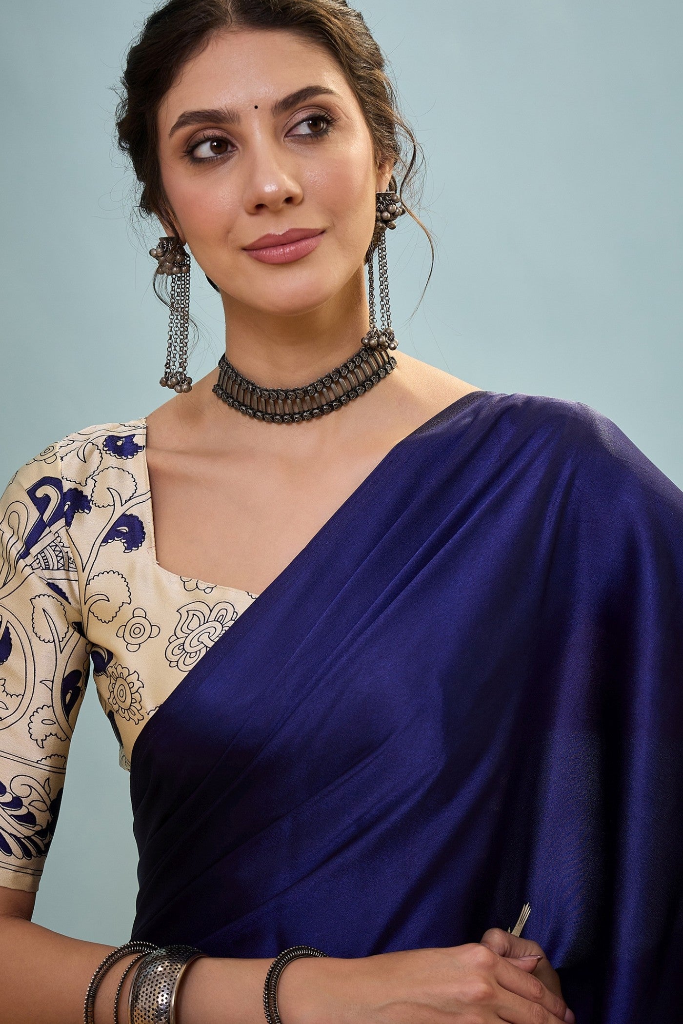 Buy MySilkLove Air Blue Ajrakh Printed Satin Crepe Silk Saree Online