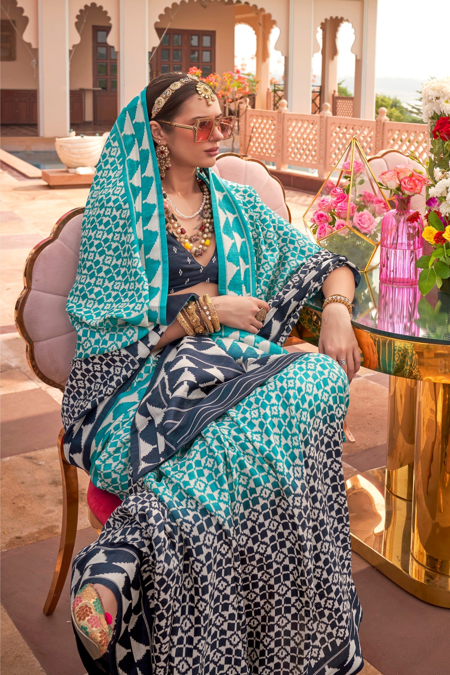 Buy MySilkLove Cool Blue Printed Patola Saree Online