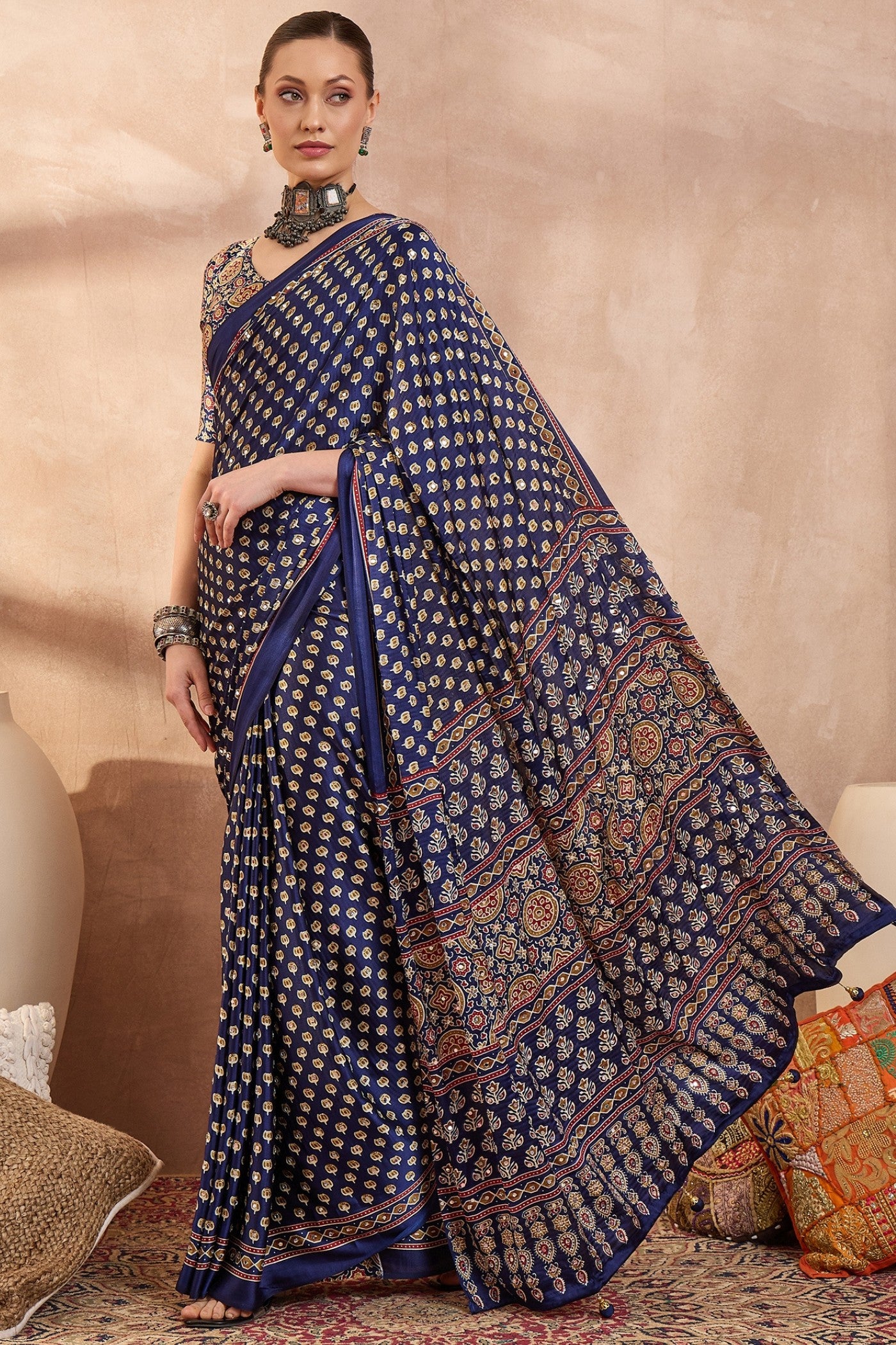 Buy MySilkLove Berry Blue Modal Ajrakh Satin Printed Silk Saree Online