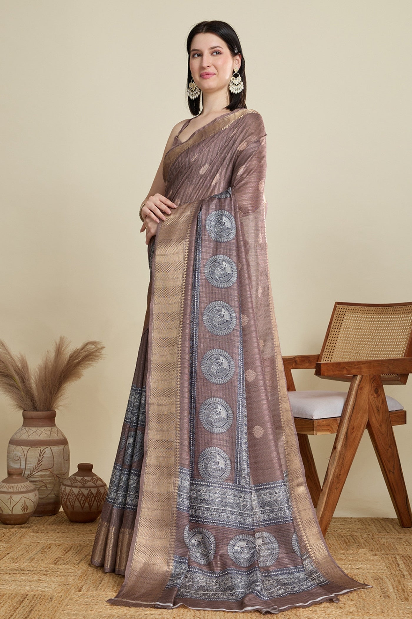 Buy MySilkLove Bole Brown Woven Cotton Saree Online