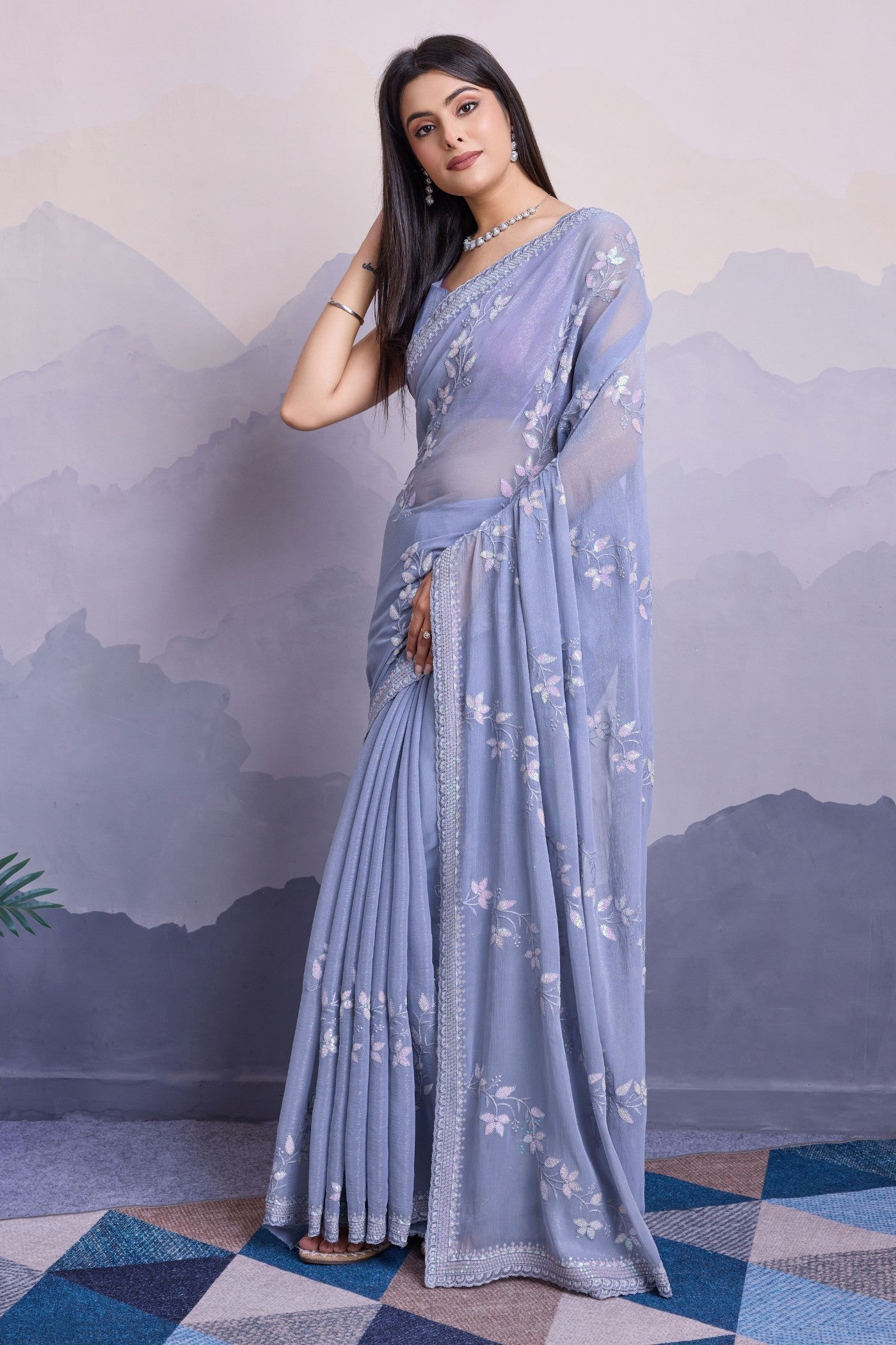 Buy MySilkLove Columbia Grey Embroidered Designer Chiffon Saree Online