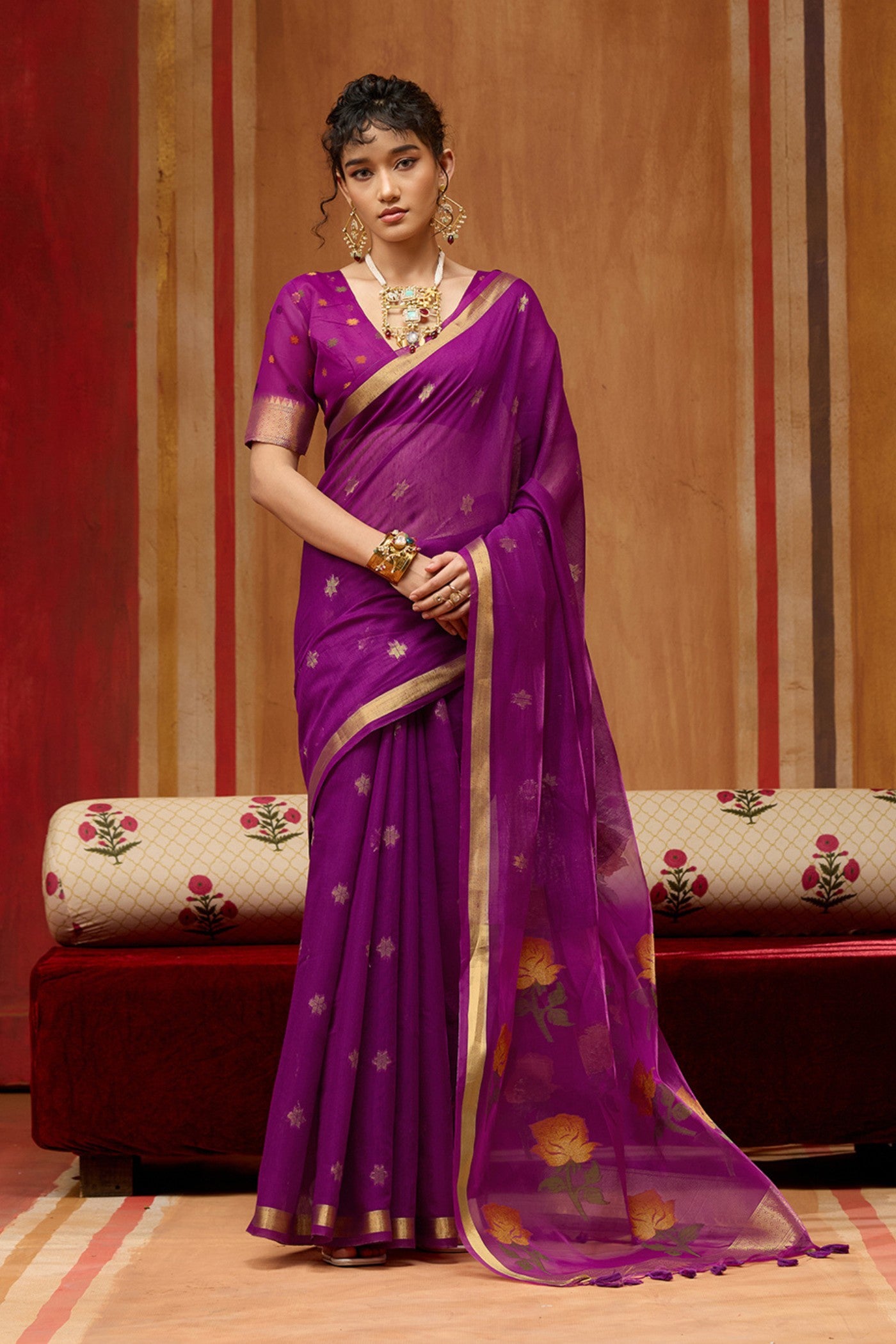 Buy MySilkLove Pum Purple Handloom Muga Cotton Saree Online