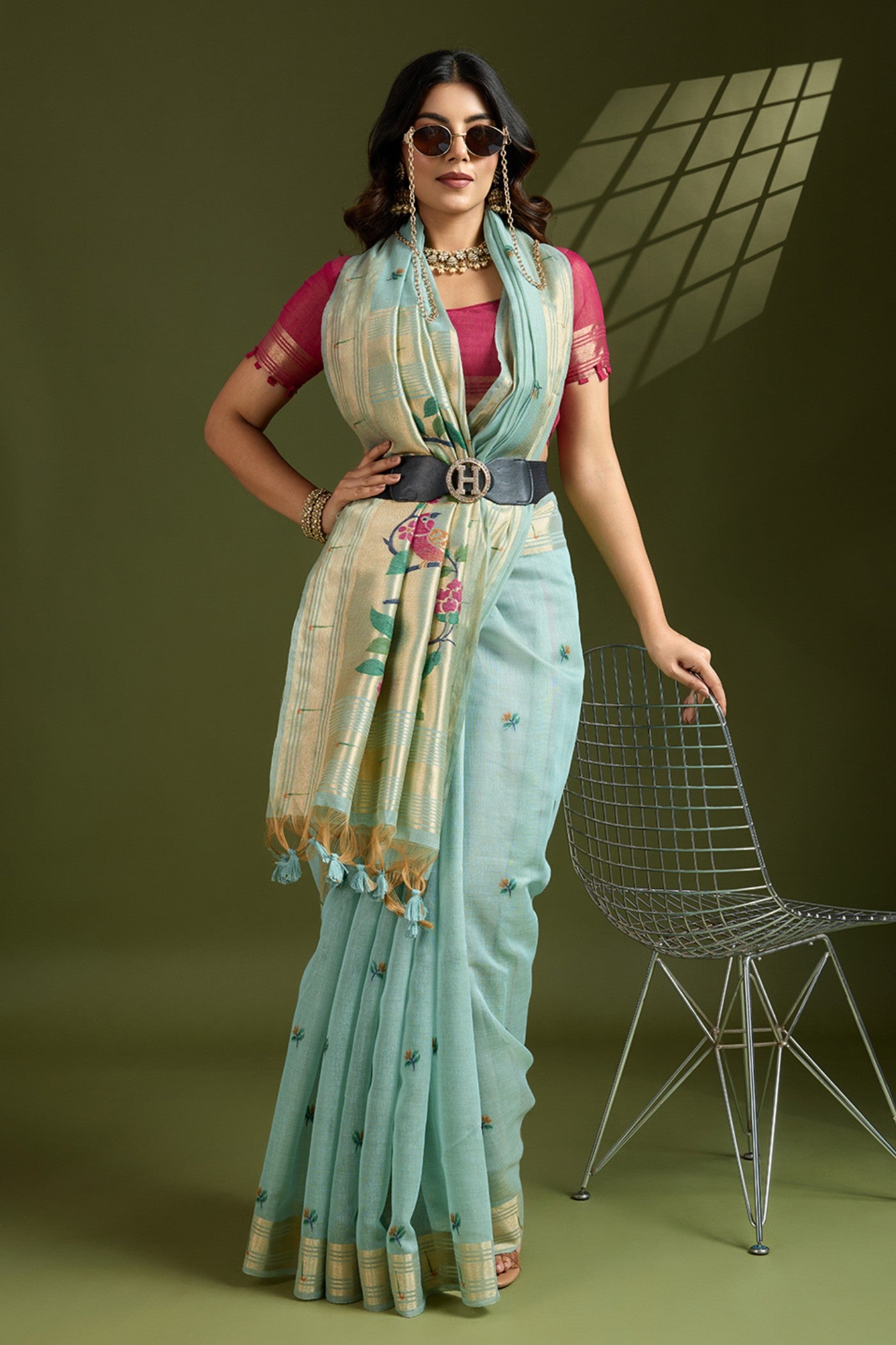 Buy MySilkLove Tiffany Blue Woven Muga Cotton Paithani Saree Online