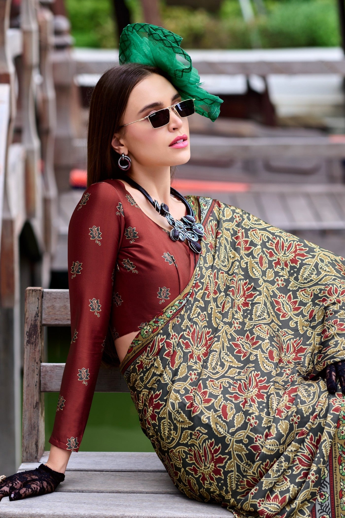 Buy MySilkLove Seaweed Green Ajrakh Printed Satin Crepe Silk Saree Online