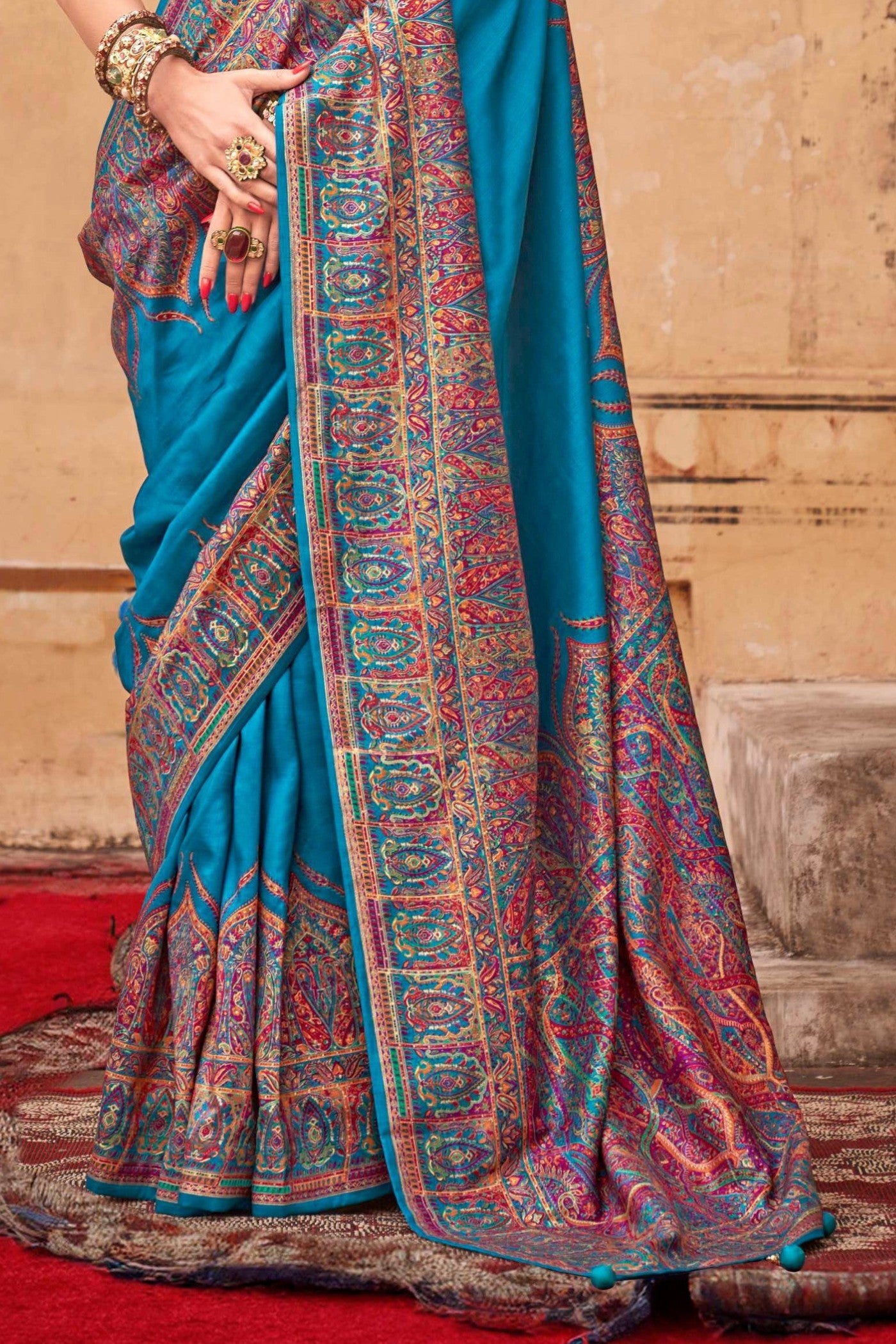 Buy MySilkLove Blue Chill Printed Jamawar Saree Online