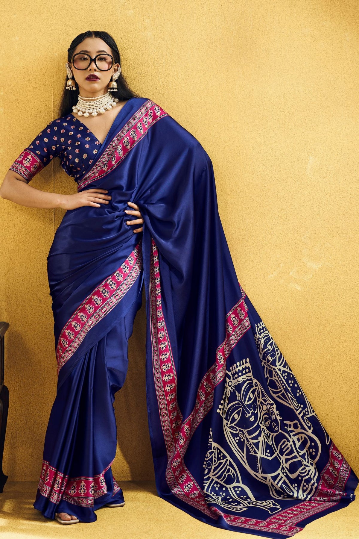 Buy MySilkLove Azure Blue Modal Ajrakh Satin Printed Silk Saree Online