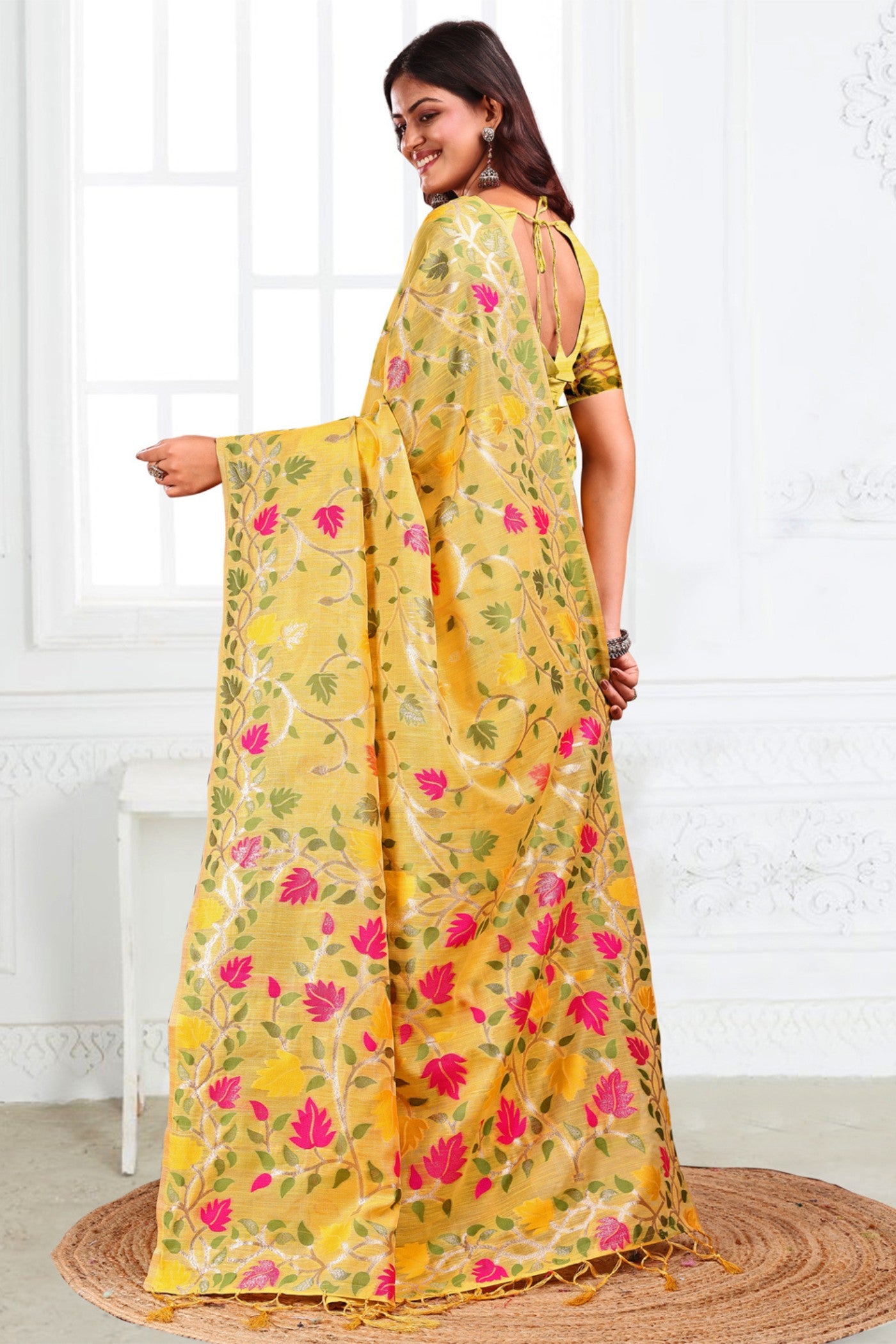 Buy MySilkLove Saffron Yellow Woven Linen Cotton Saree Online