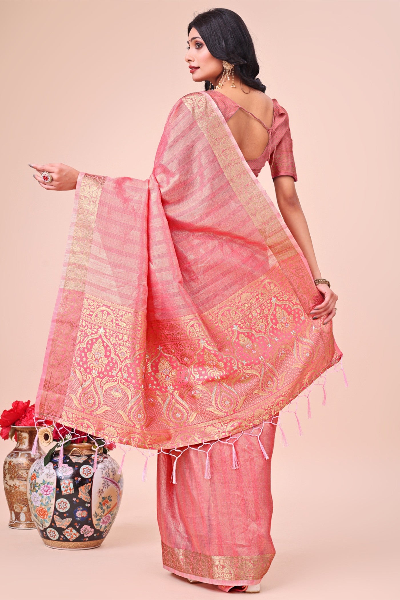 Buy MySilkLove Parfait Peach Woven Organza Saree Online