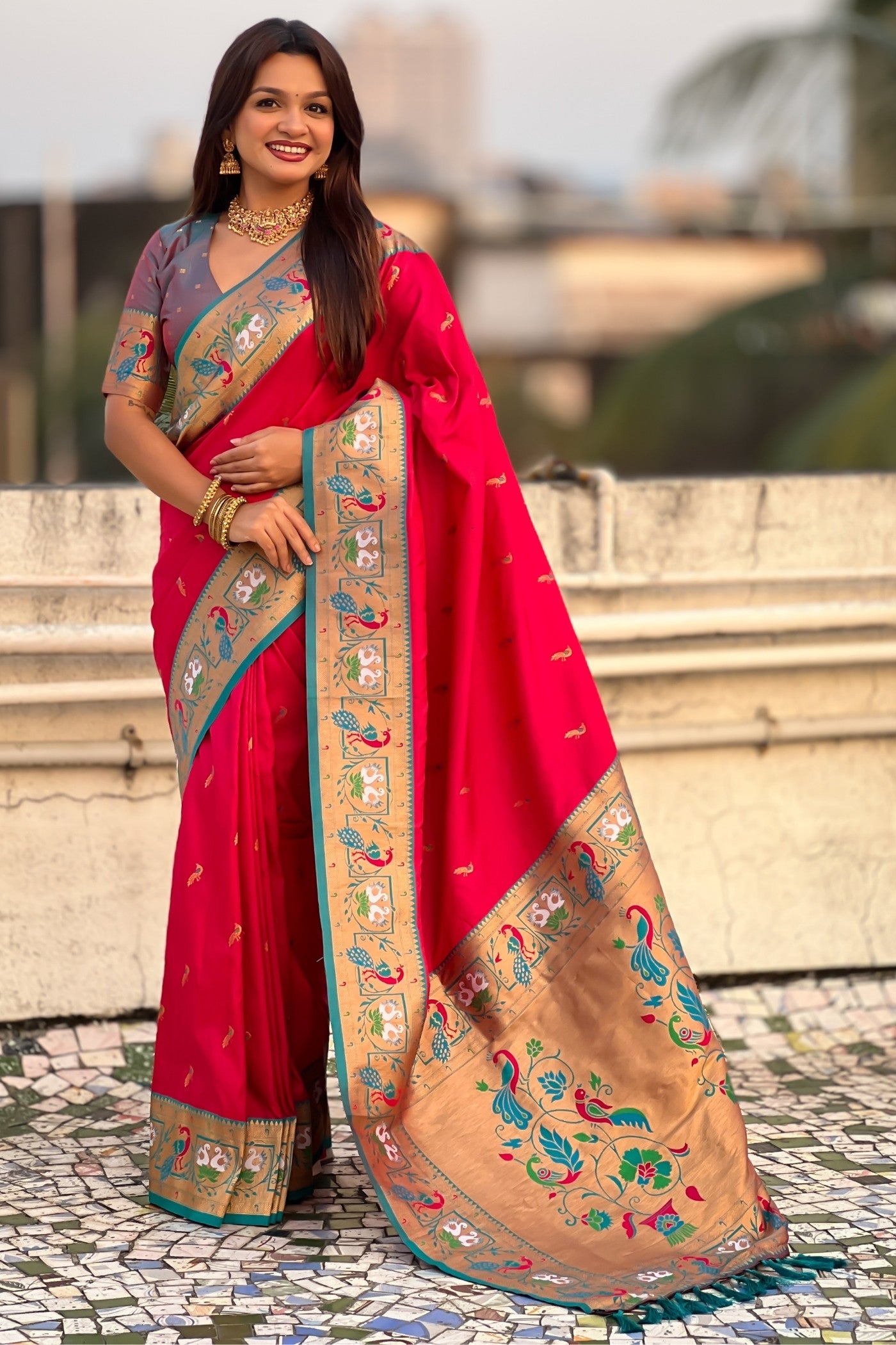 Buy MySilkLove Vermilion Red Zari Woven Paithani Saree Online
