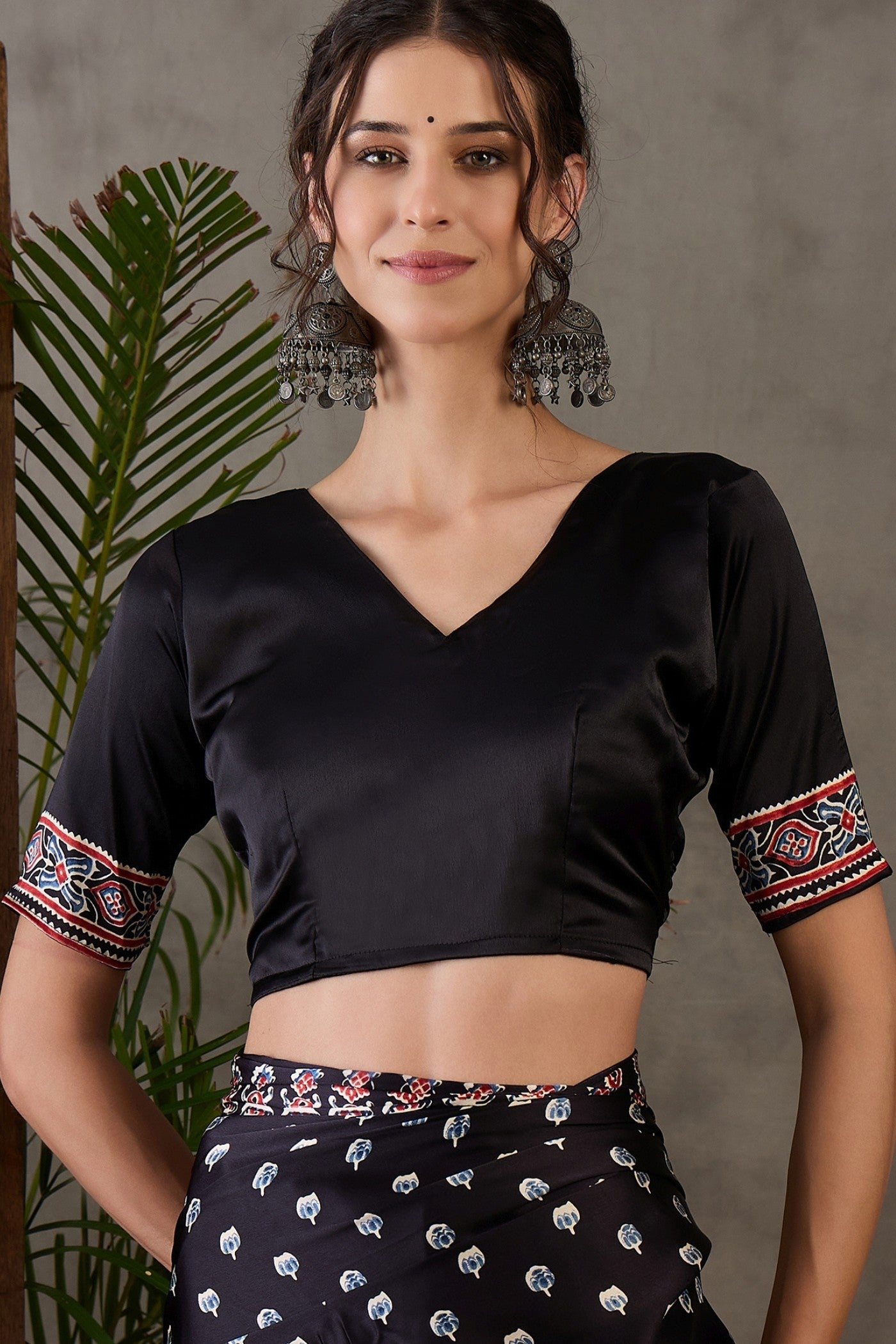 Buy MySilkLove Tuna Black Ajrakh Printed Satin Gaji Silk Saree Online