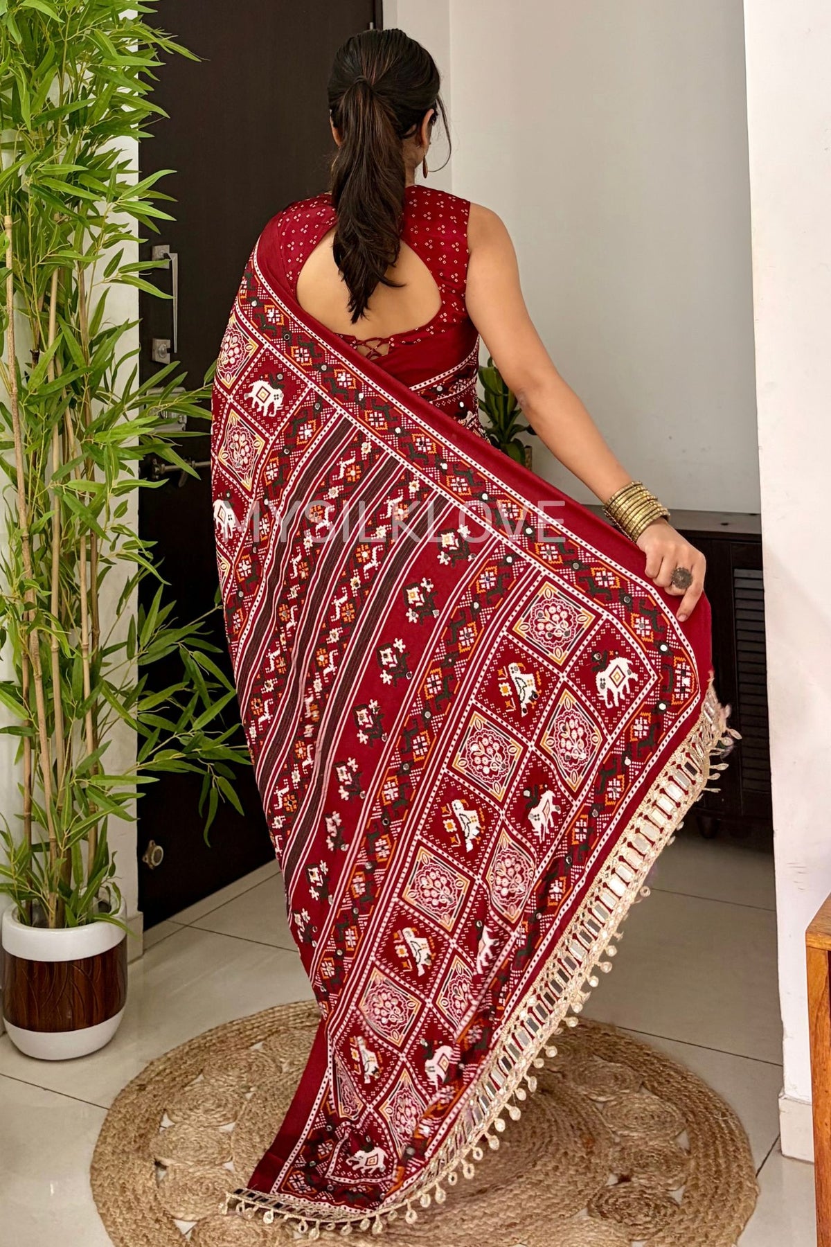 Buy MySilkLove Fiery Maroon Mirror Work Patola Saree with Mirror Work Border Online