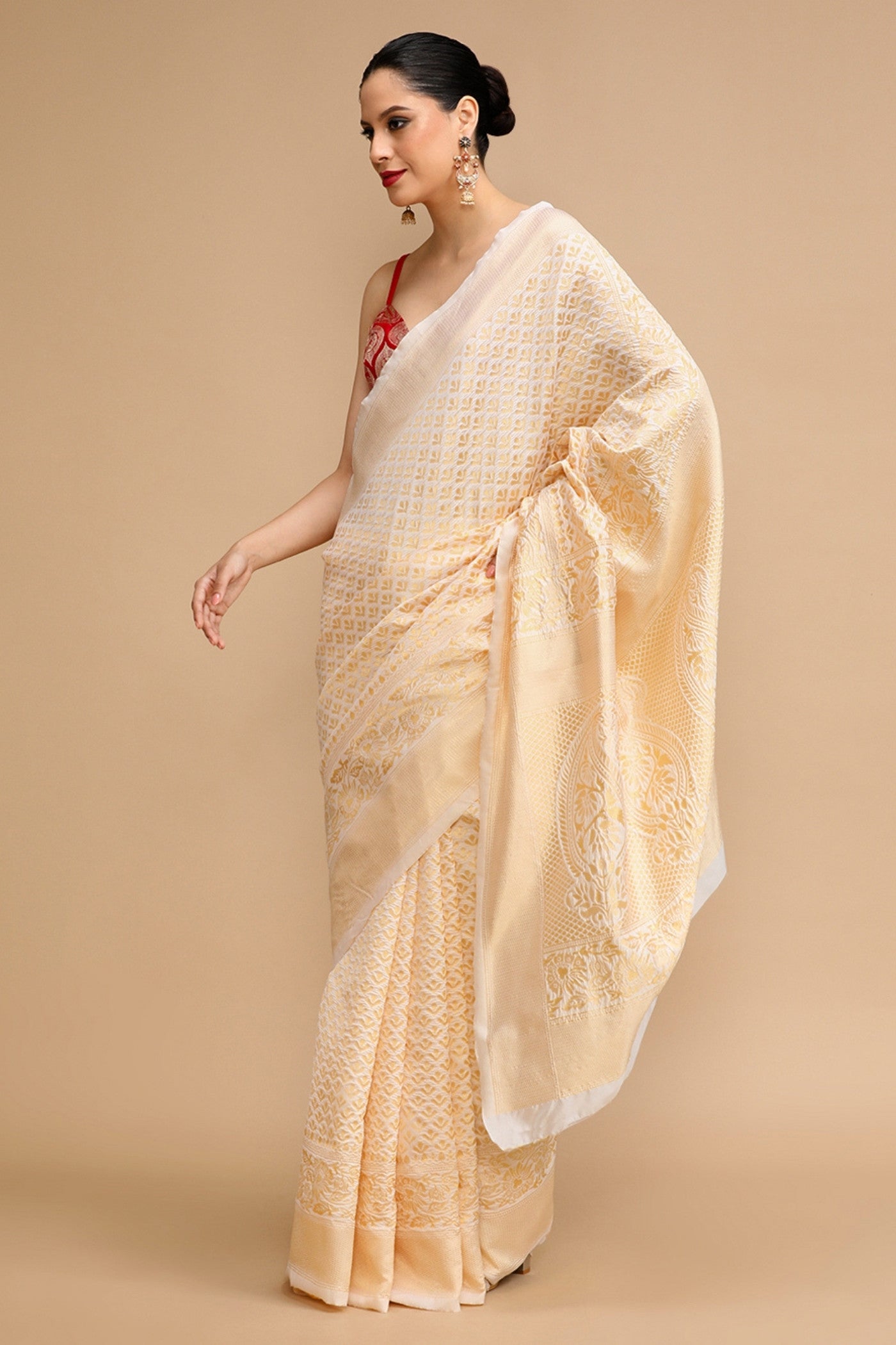 Buy MySilkLove Almond Cream Woven Jacquard Lichi Silk Saree Online