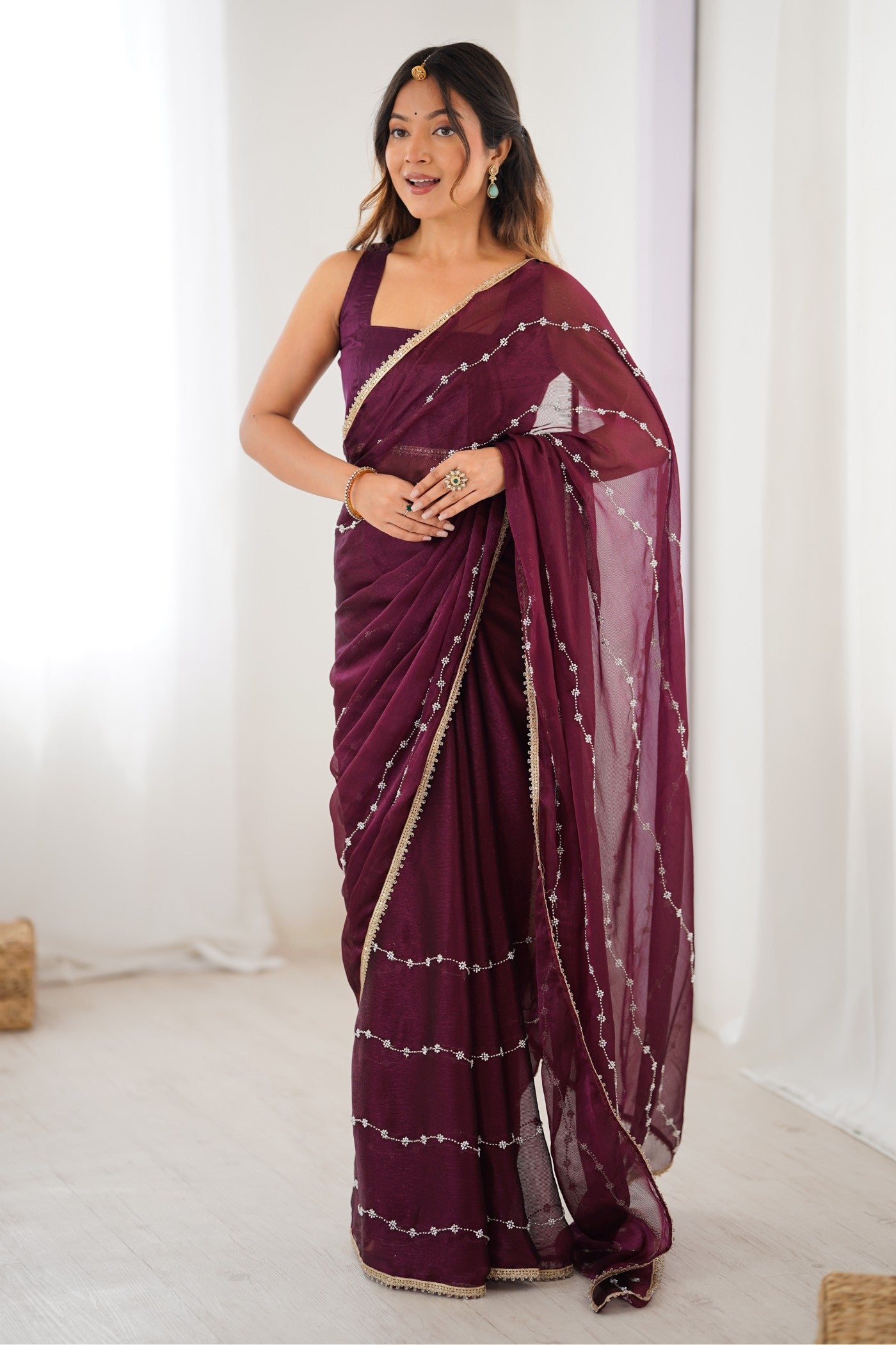 Buy MySilkLove Wine Purple Chiffon Partywear Saree Online