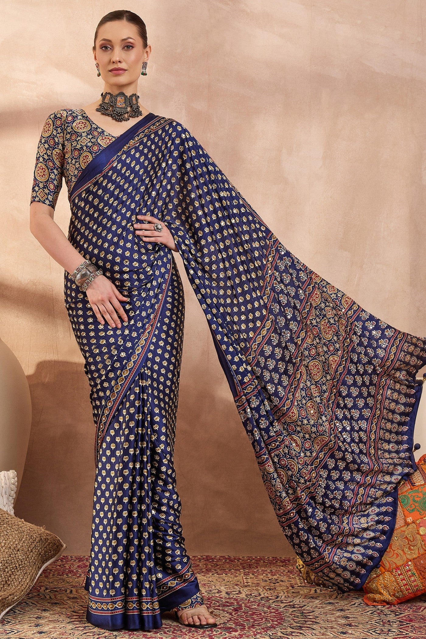Buy MySilkLove Berry Blue Modal Ajrakh Satin Printed Silk Saree Online