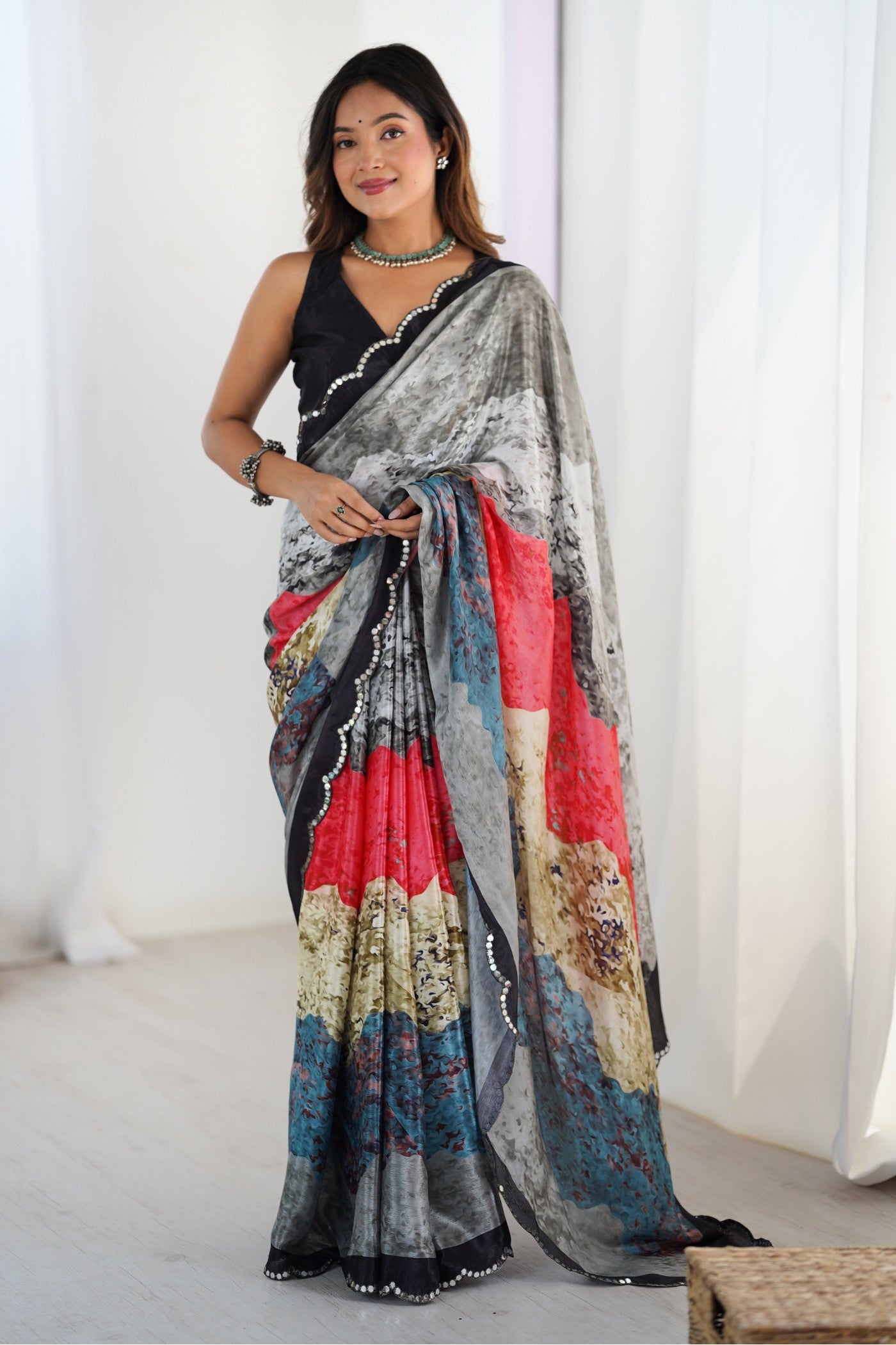 Buy MySilkLove Grey Multicolor Chinon Partywear Saree Online