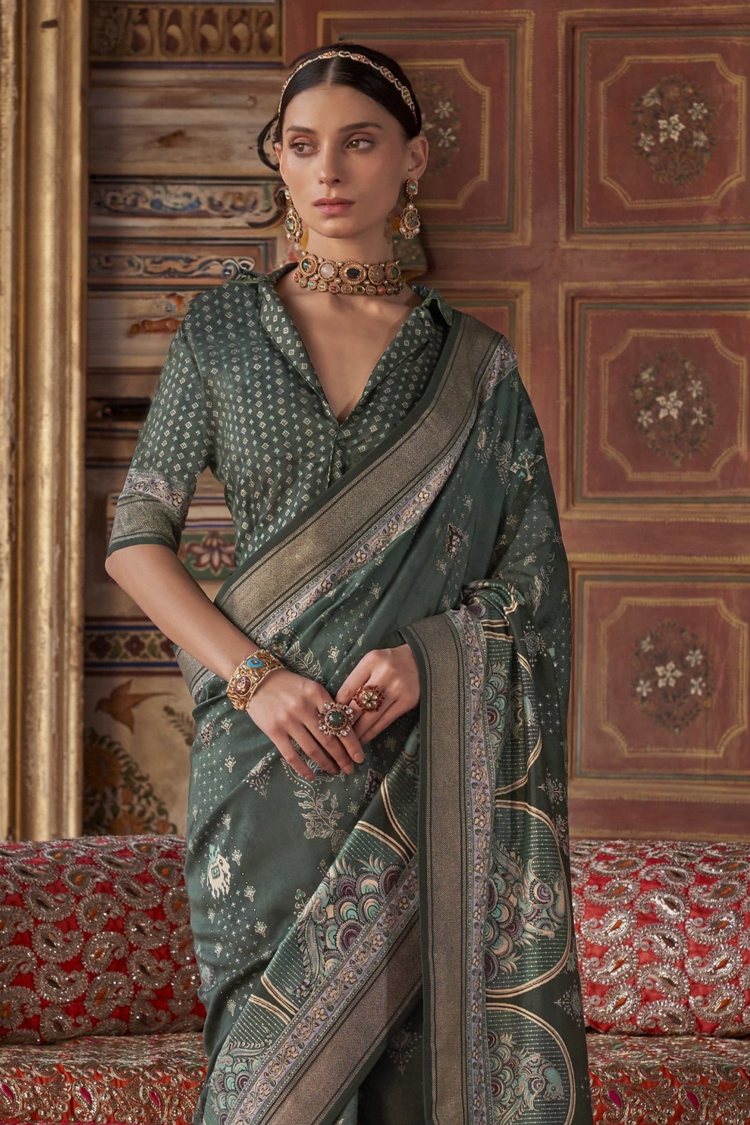 Buy MySilkLove Lunar Green Printed Banarasi Saree Online