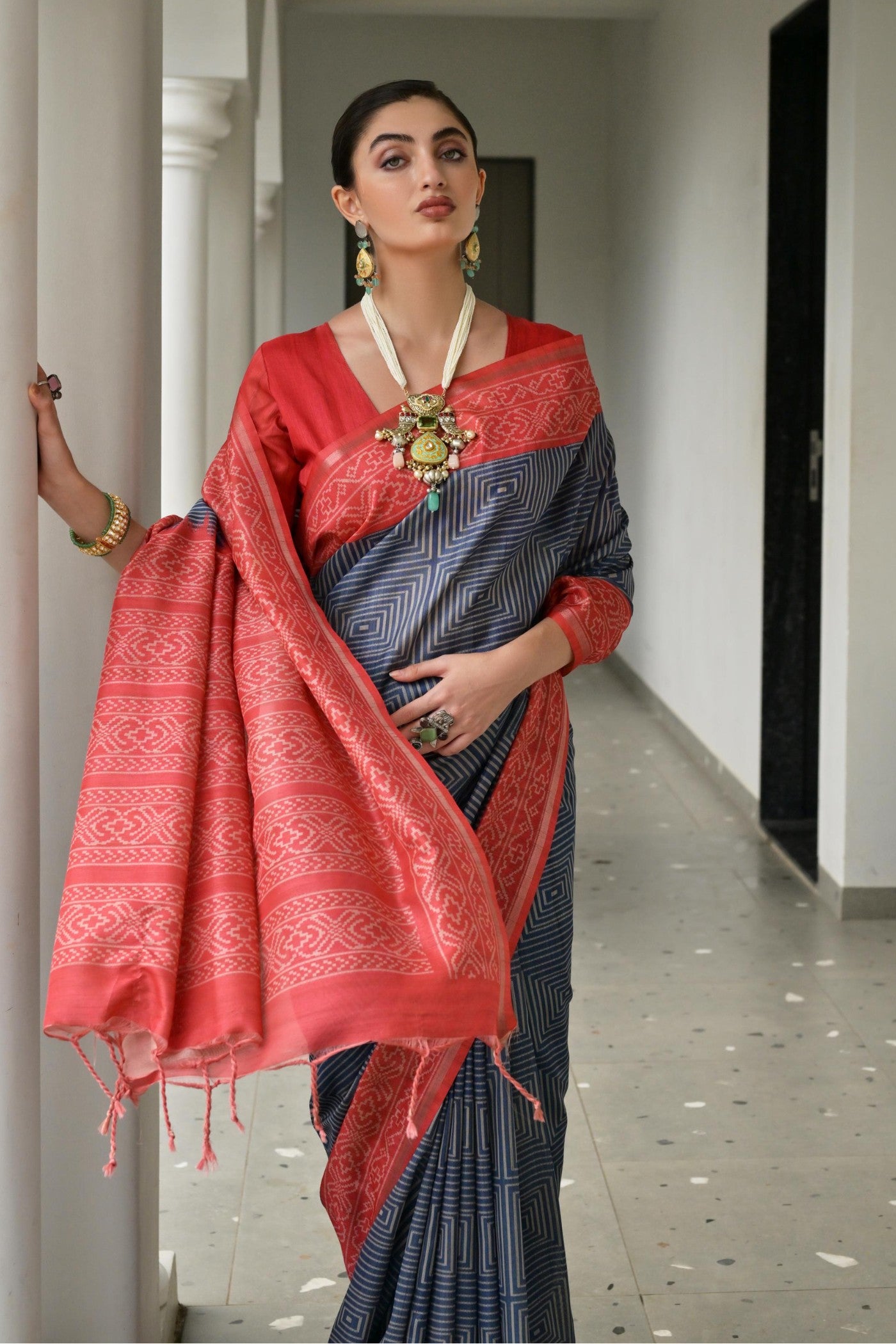MySilkLove Camouflage Grey and Red Printed Tussar Silk Saree