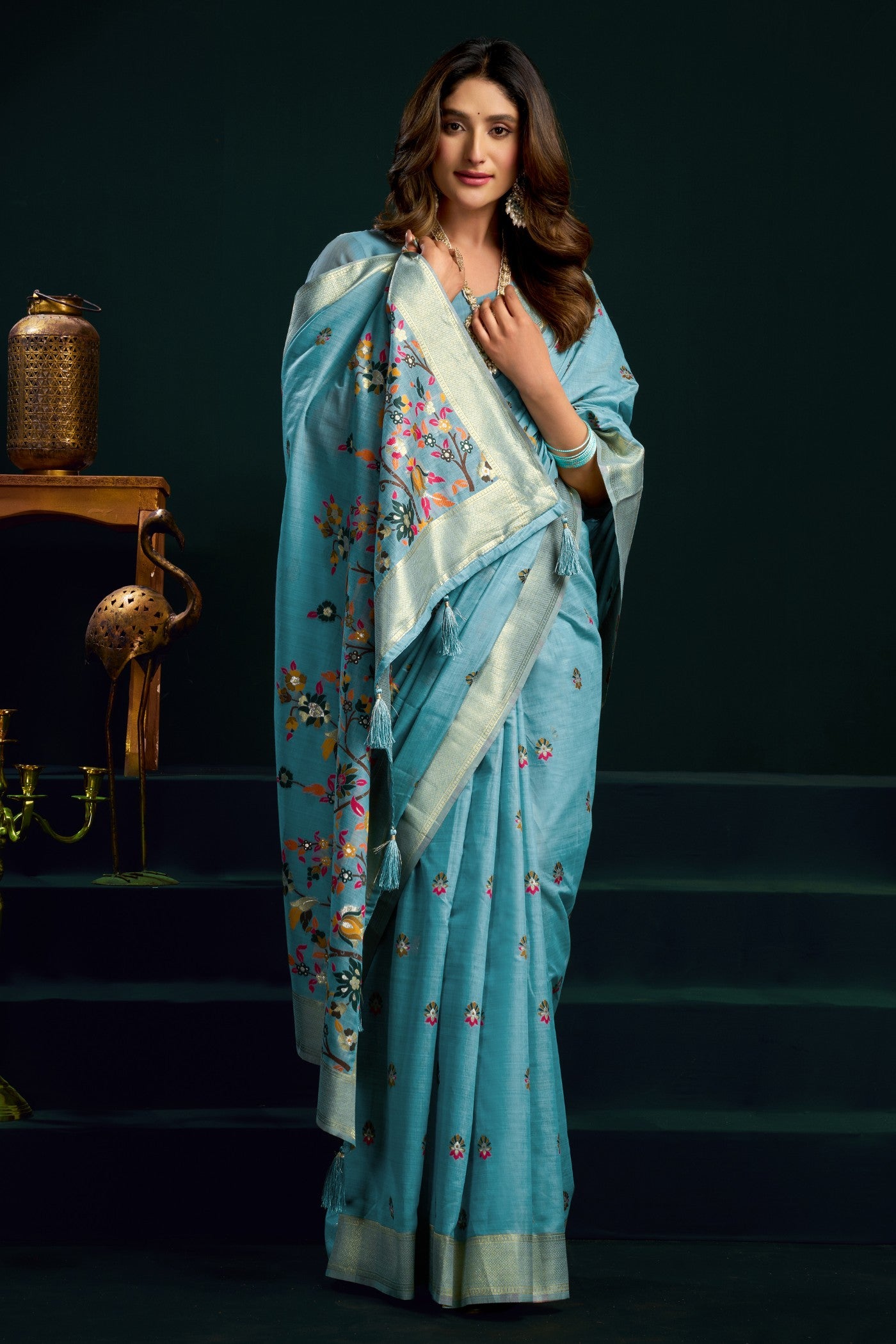 Buy MySilkLove Baby Blue Handloom Muga Cotton Saree Online