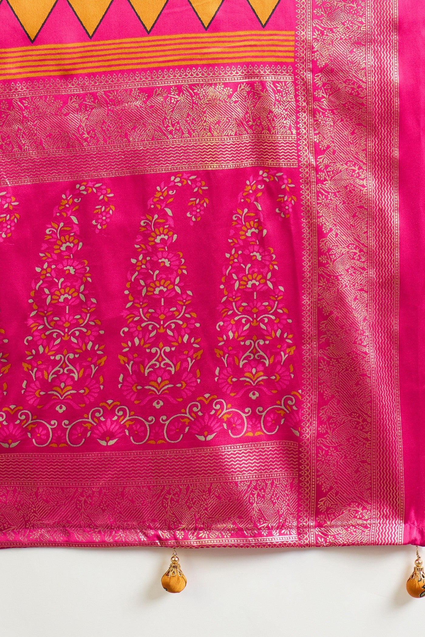Buy MySilkLove Sunspill Yellow and Pink Printed Satin Crepe Silk Saree Online