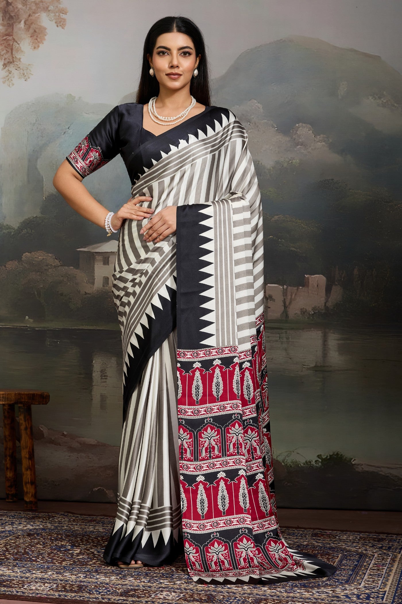 Buy MySilkLove Cornsilk White and Black Ajrakh Printed Satin Crepe Silk Saree Online