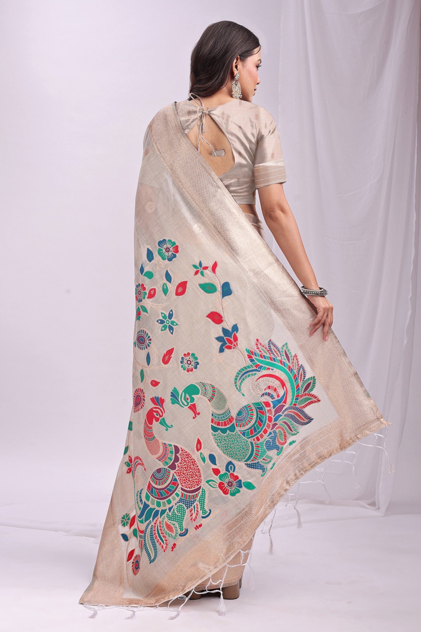 Buy MySilkLove Pearl White Woven Linen Cotton Saree Online