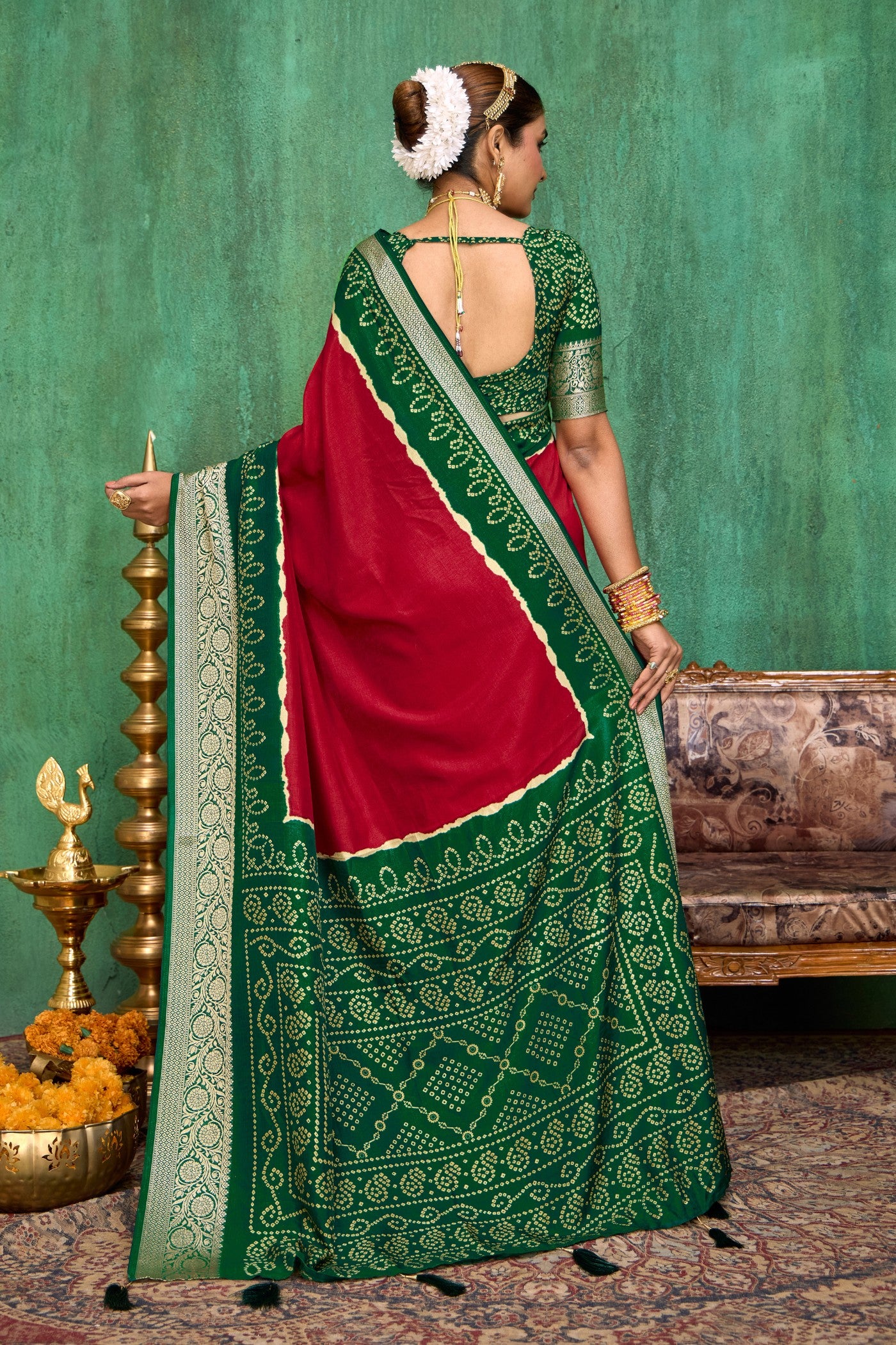 Buy MySilkLove Garnet Red Tussar Bandhani Silk Saree Online