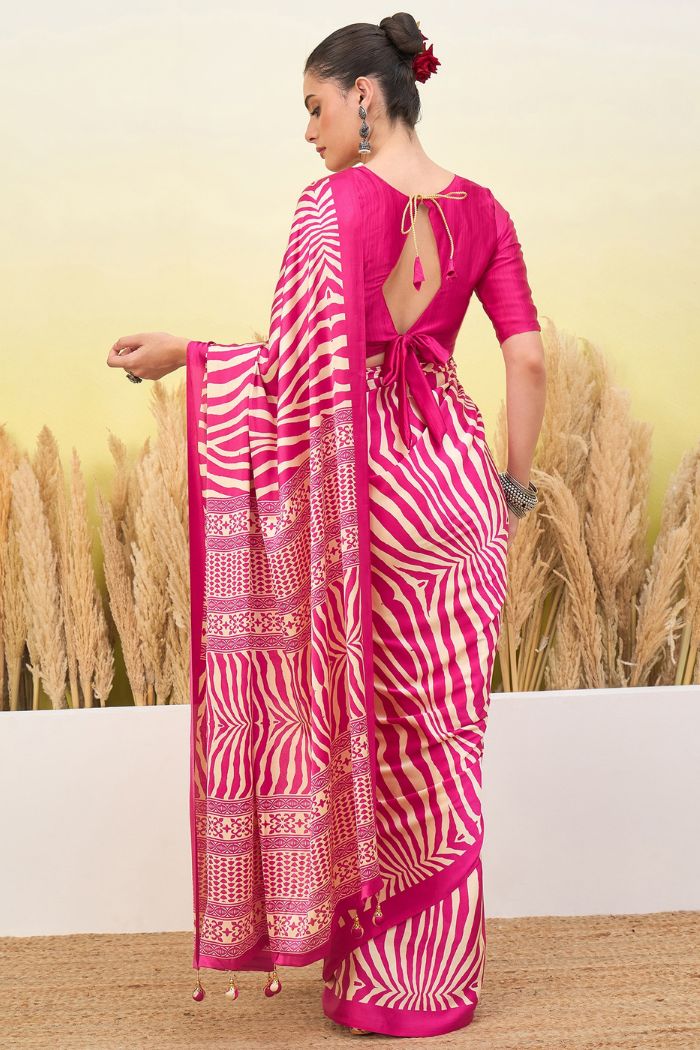 Buy MySilkLove Candy Pink Modal Ajrakh Satin Printed Silk Saree Online