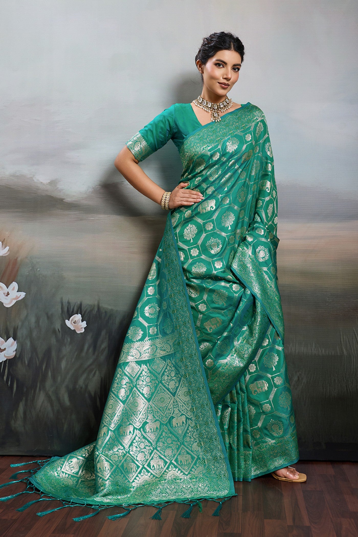 Buy MySilkLove Myrtle Green Woven Banarasi Soft Silk Saree Online