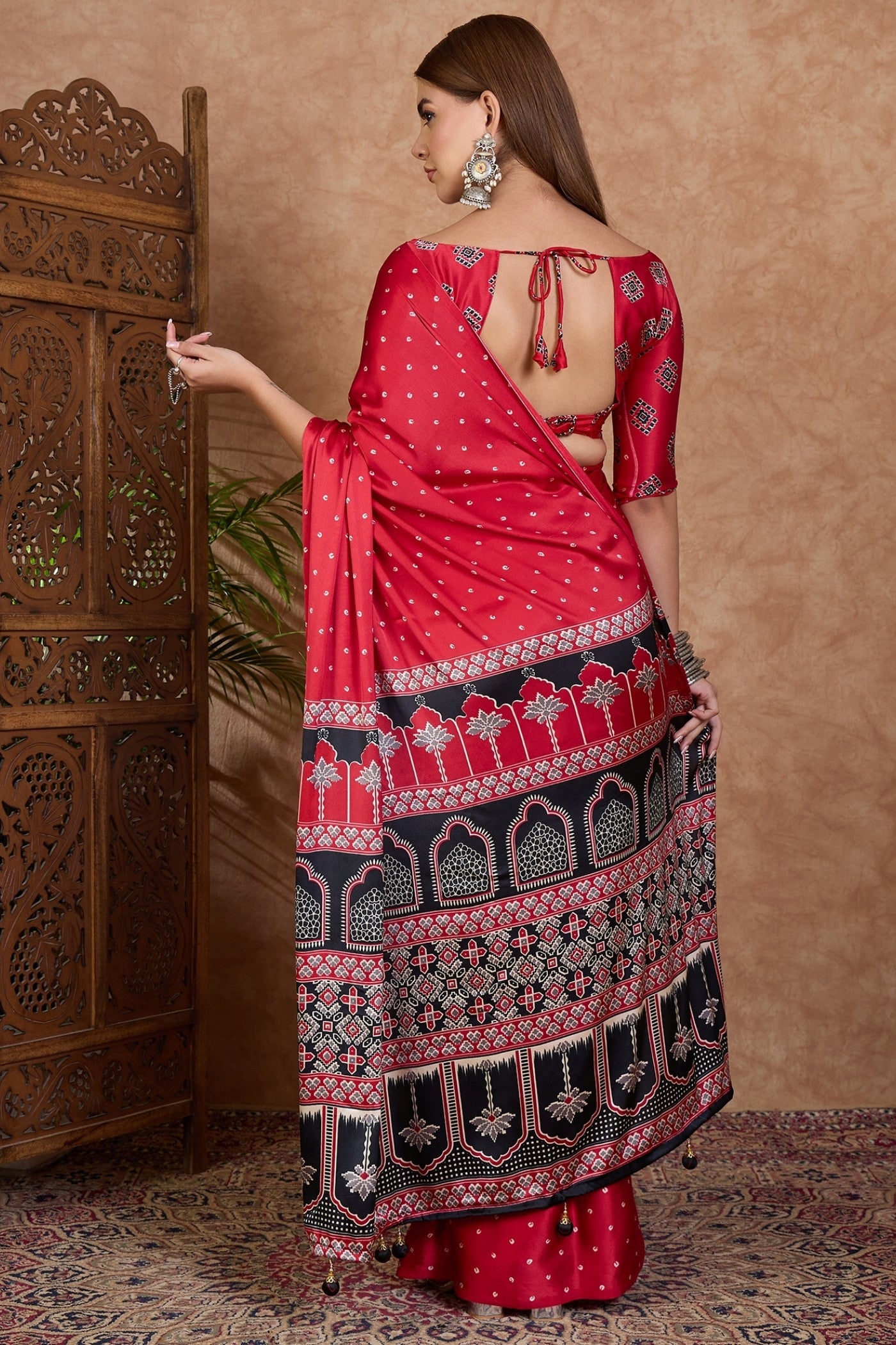 Buy MySilkLove Barn Red Ajrakh Printed Satin Crepe Silk Saree Online
