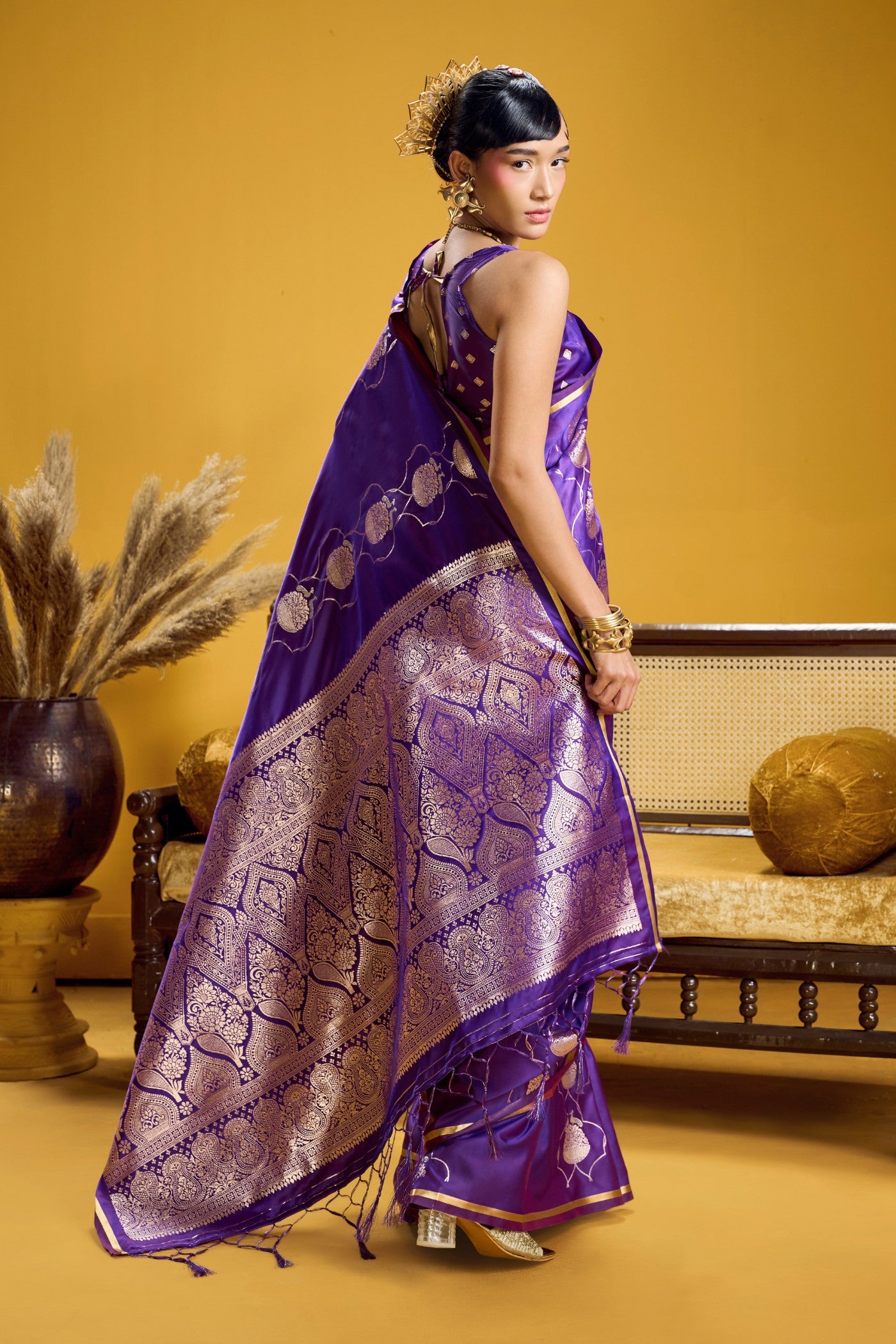 Buy MySilkLove Dark Purple Handloom Satin Silk Saree Online