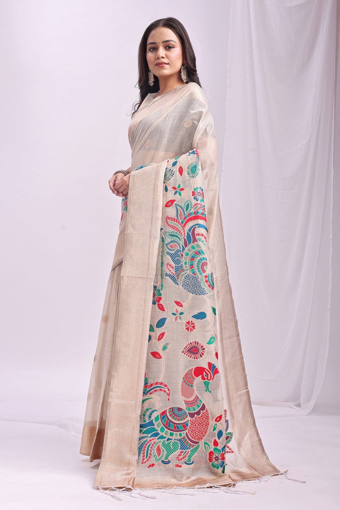 Buy MySilkLove Pearl White Woven Linen Cotton Saree Online