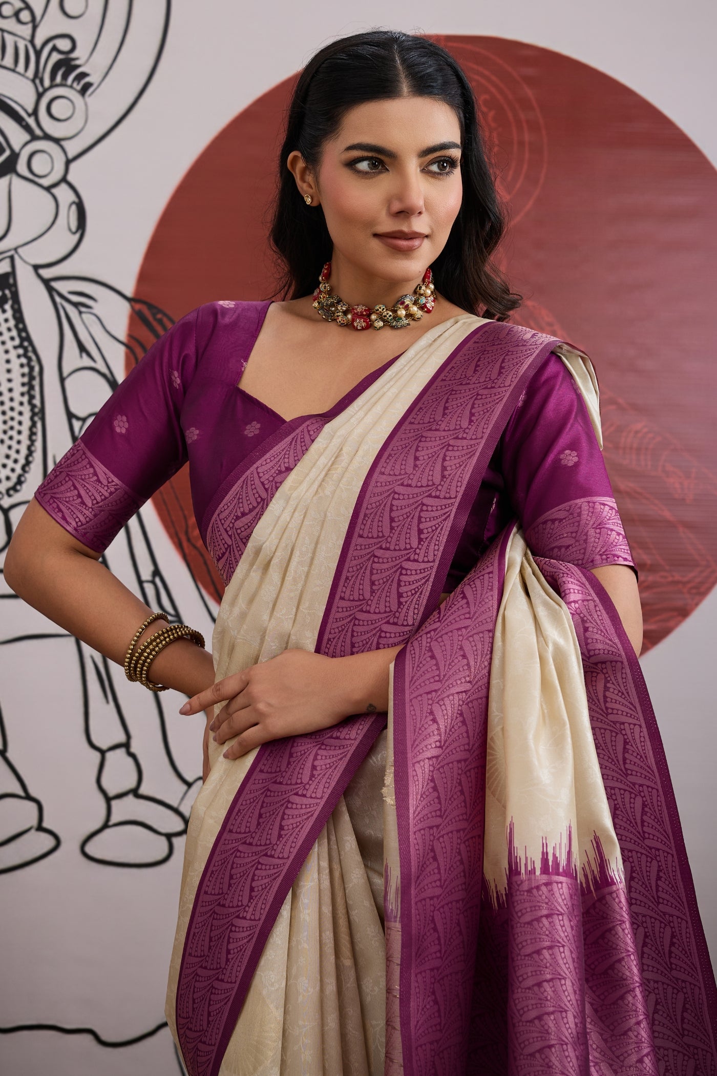 Buy MySilkLove Egg Nog Cream and Purple Handloom South Silk Saree Online