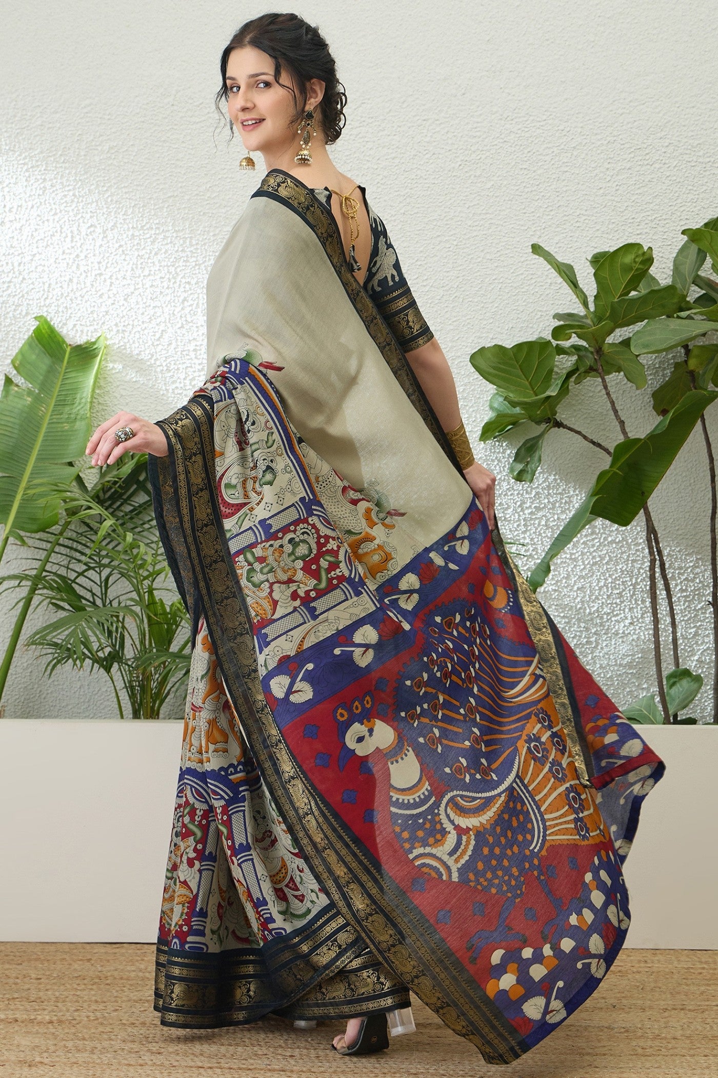 Buy MySilkLove Cloudy Grey Printed Cotton Saree Online