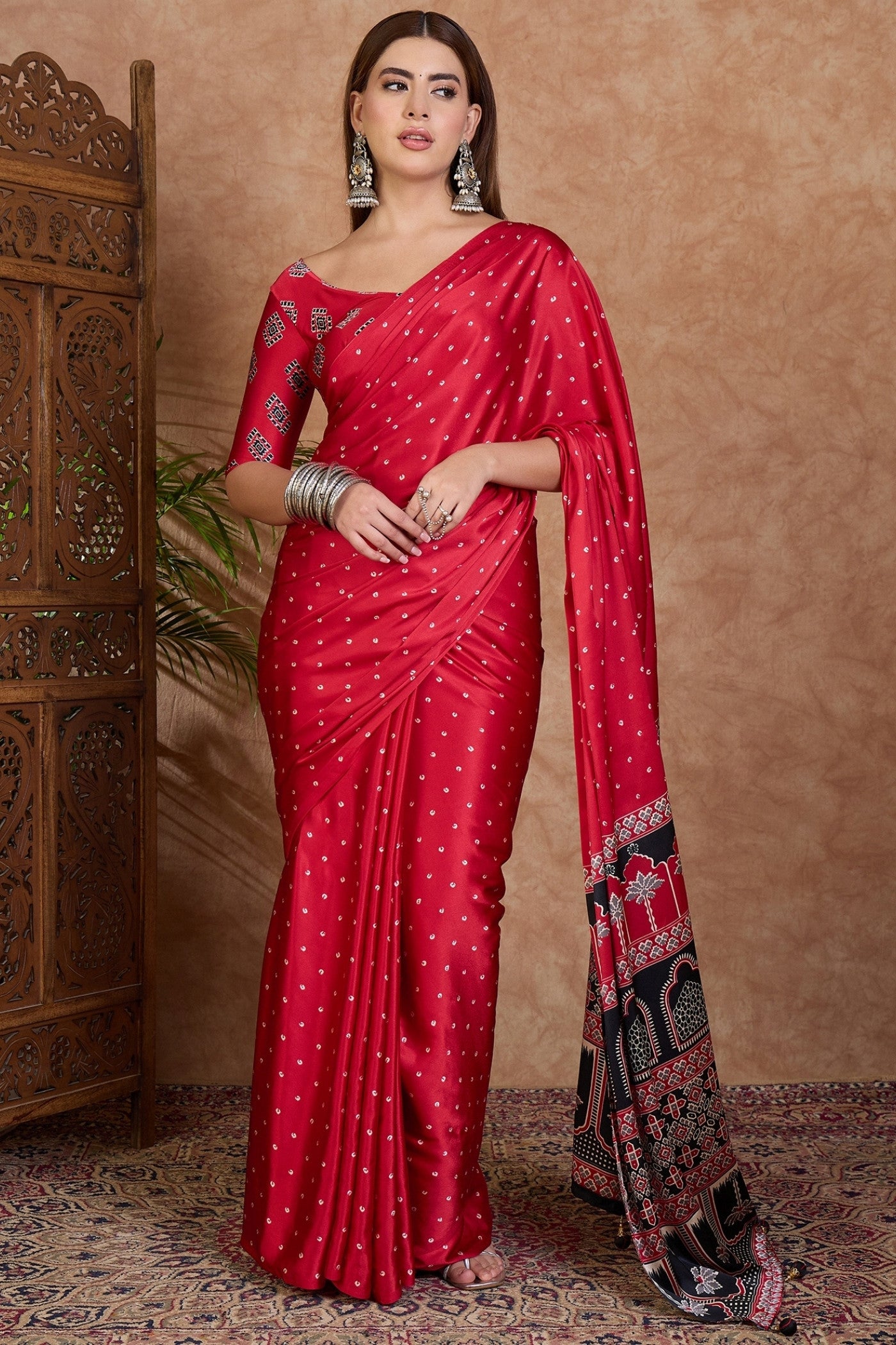 Buy MySilkLove Barn Red Ajrakh Printed Satin Crepe Silk Saree Online