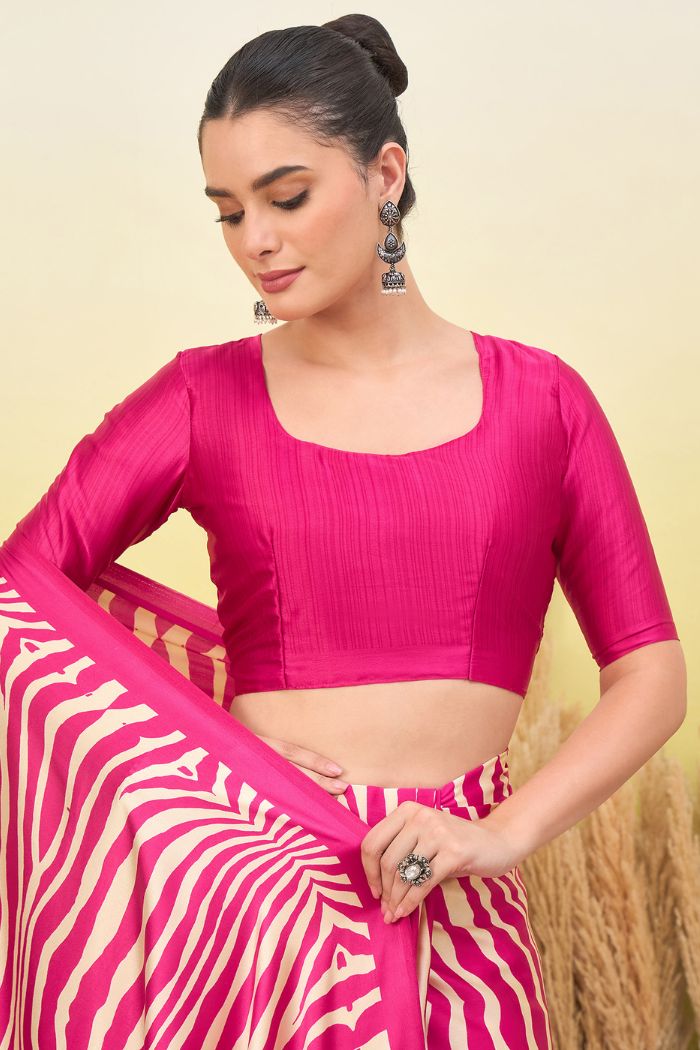 Buy MySilkLove Candy Pink Modal Ajrakh Satin Printed Silk Saree Online