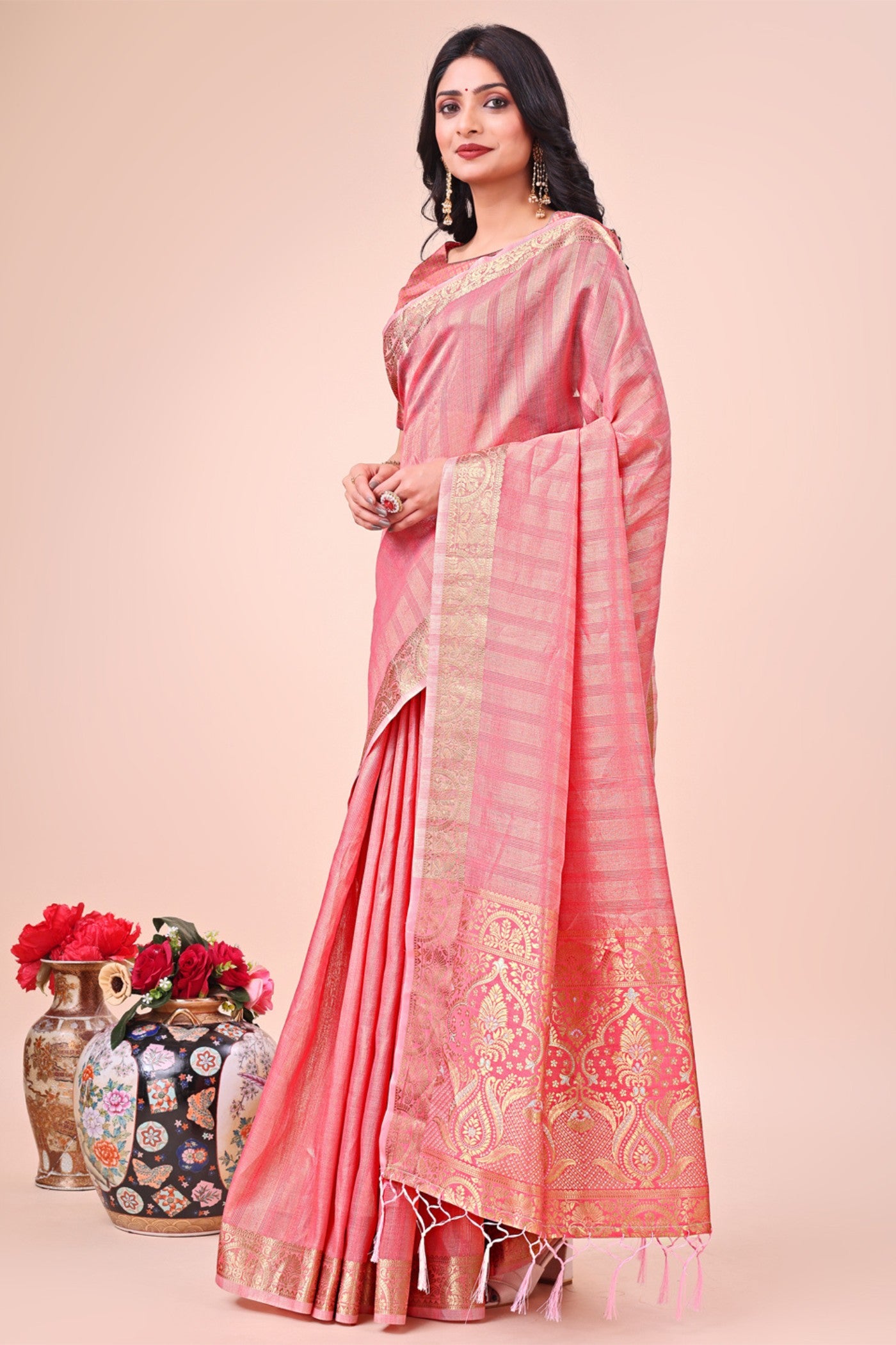 Buy MySilkLove Parfait Peach Woven Organza Saree Online