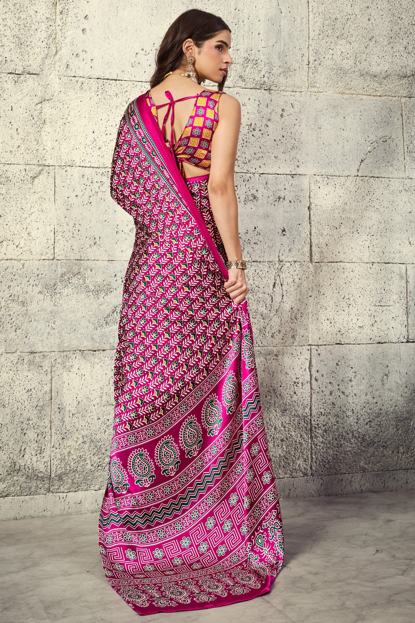 Buy MySilkLove Salmon Pink Modal Ajrakh Satin Printed Silk Saree Online