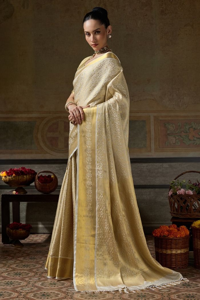 Buy MySilkLove Milk White Woven Kanjivaram Saree Online