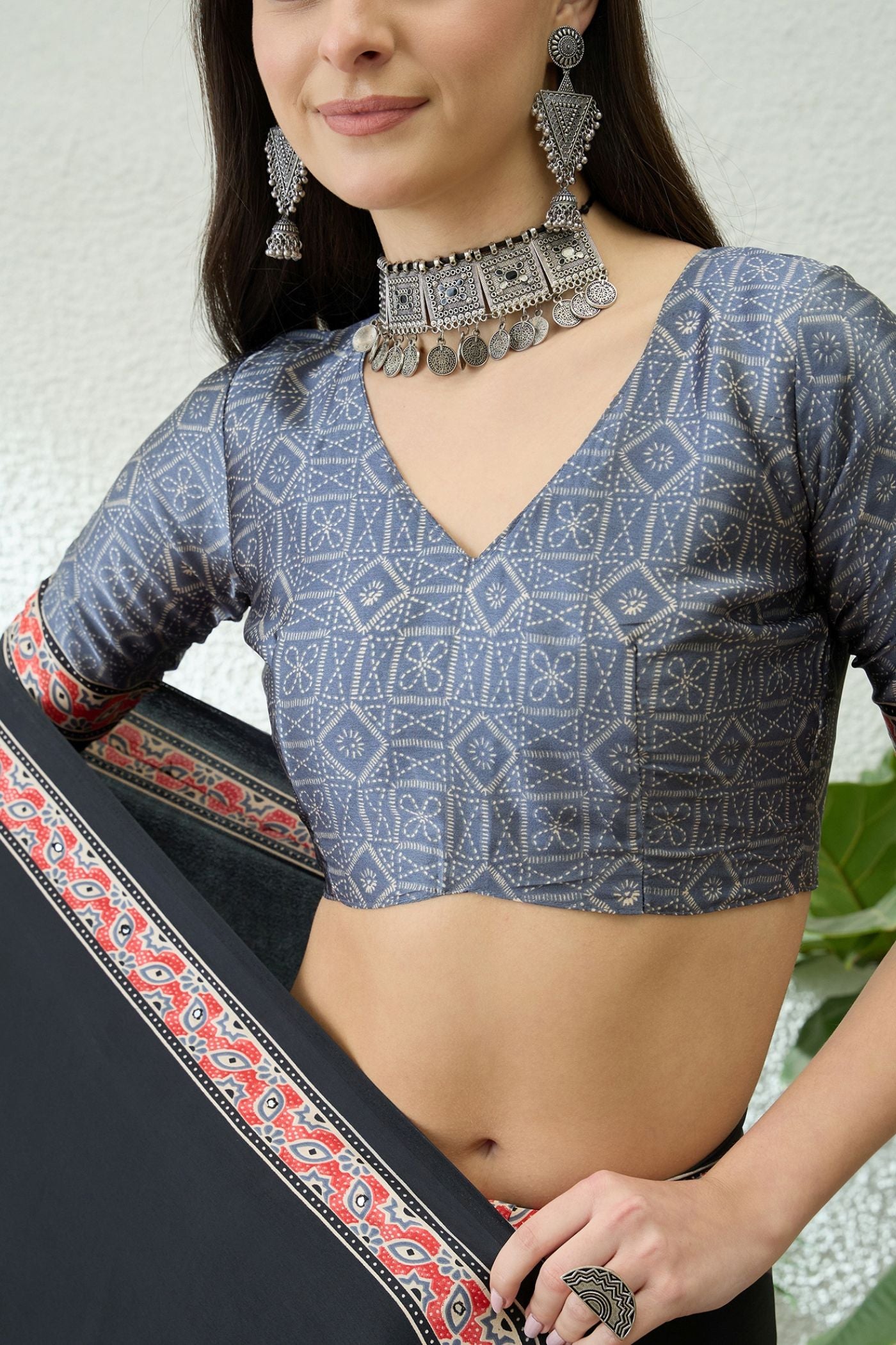 Buy MySilkLove Obsidian Black and Grey Modal Ajrakh Satin Printed Silk Saree Online