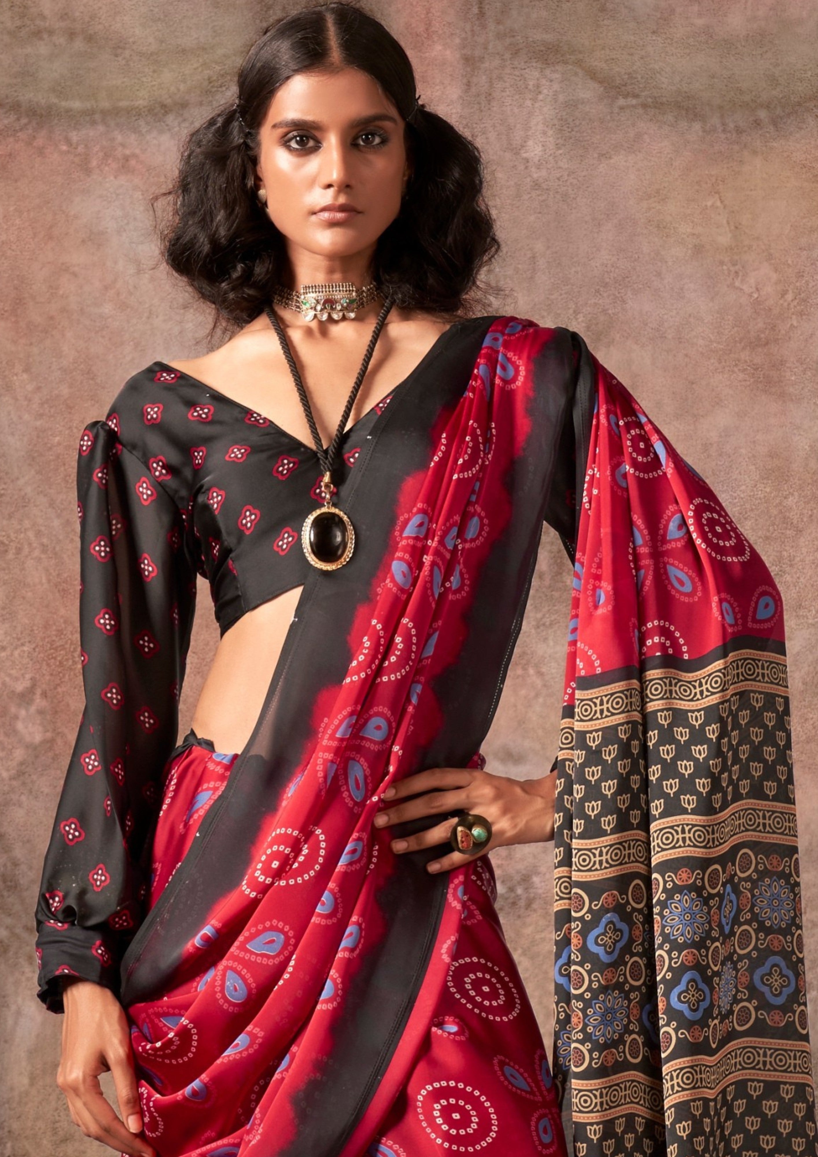Buy MySilkLove Falun Red Ajrakh Printed Satin Georgette Silk Saree Online