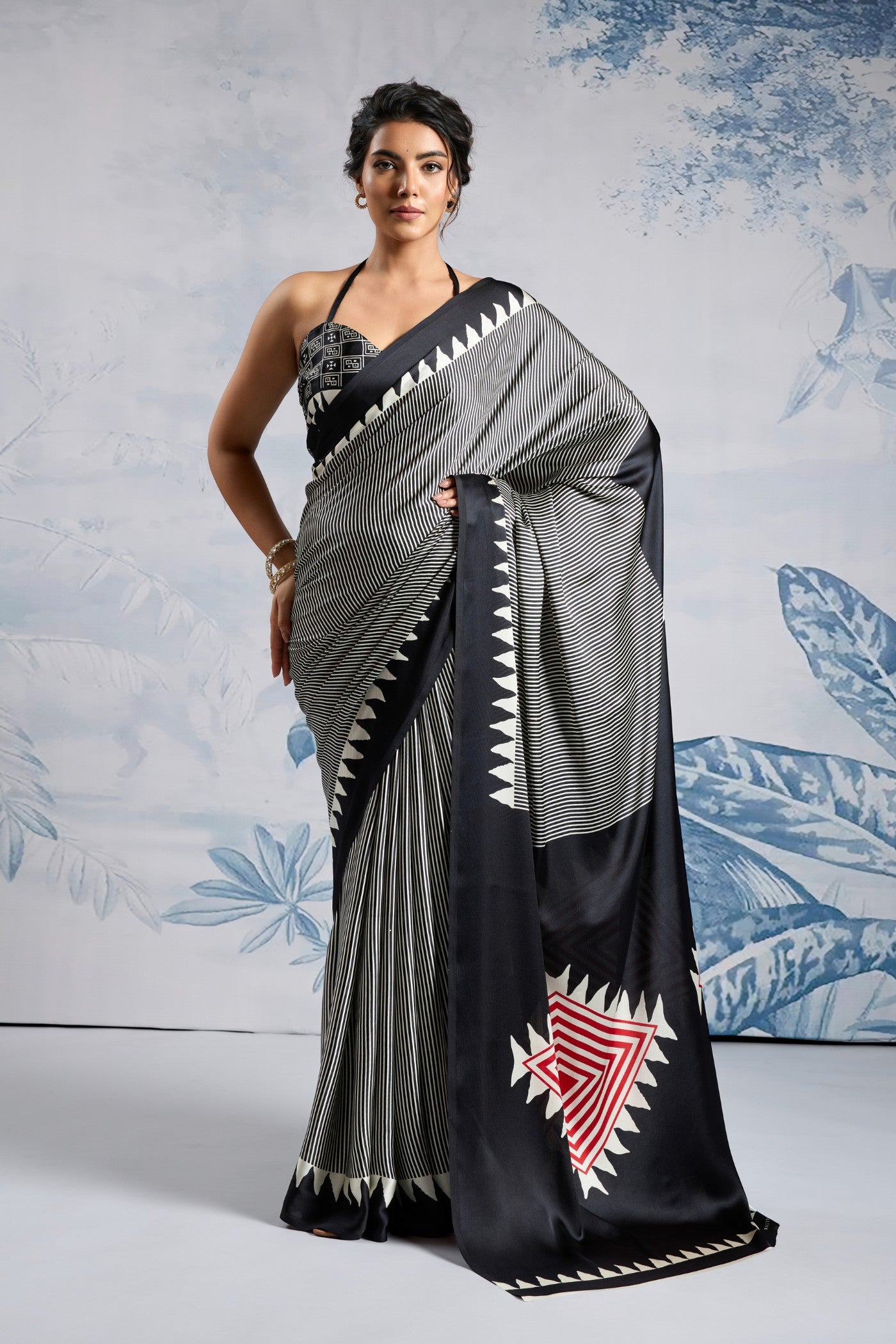 Buy MySilkLove Melanie Black Stripe Ajrakh Printed Satin Crepe Silk Saree Online