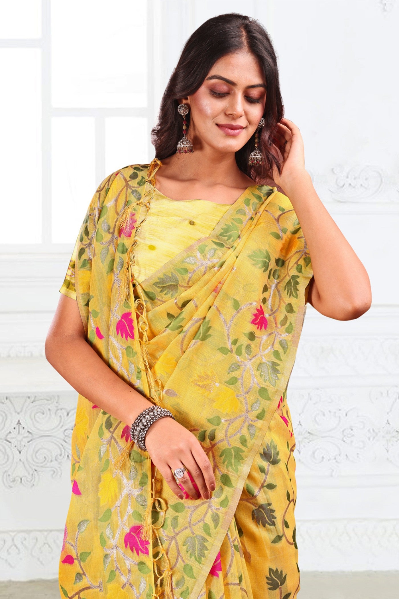 Buy MySilkLove Saffron Yellow Woven Linen Cotton Saree Online