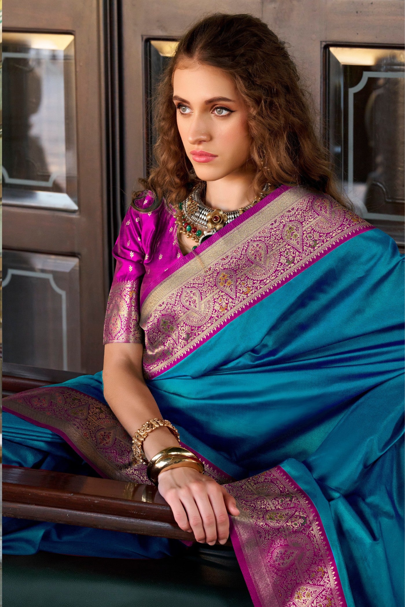 Buy MySilkLove Dodger Blue Woven Banarasi Soft Silk Saree Online