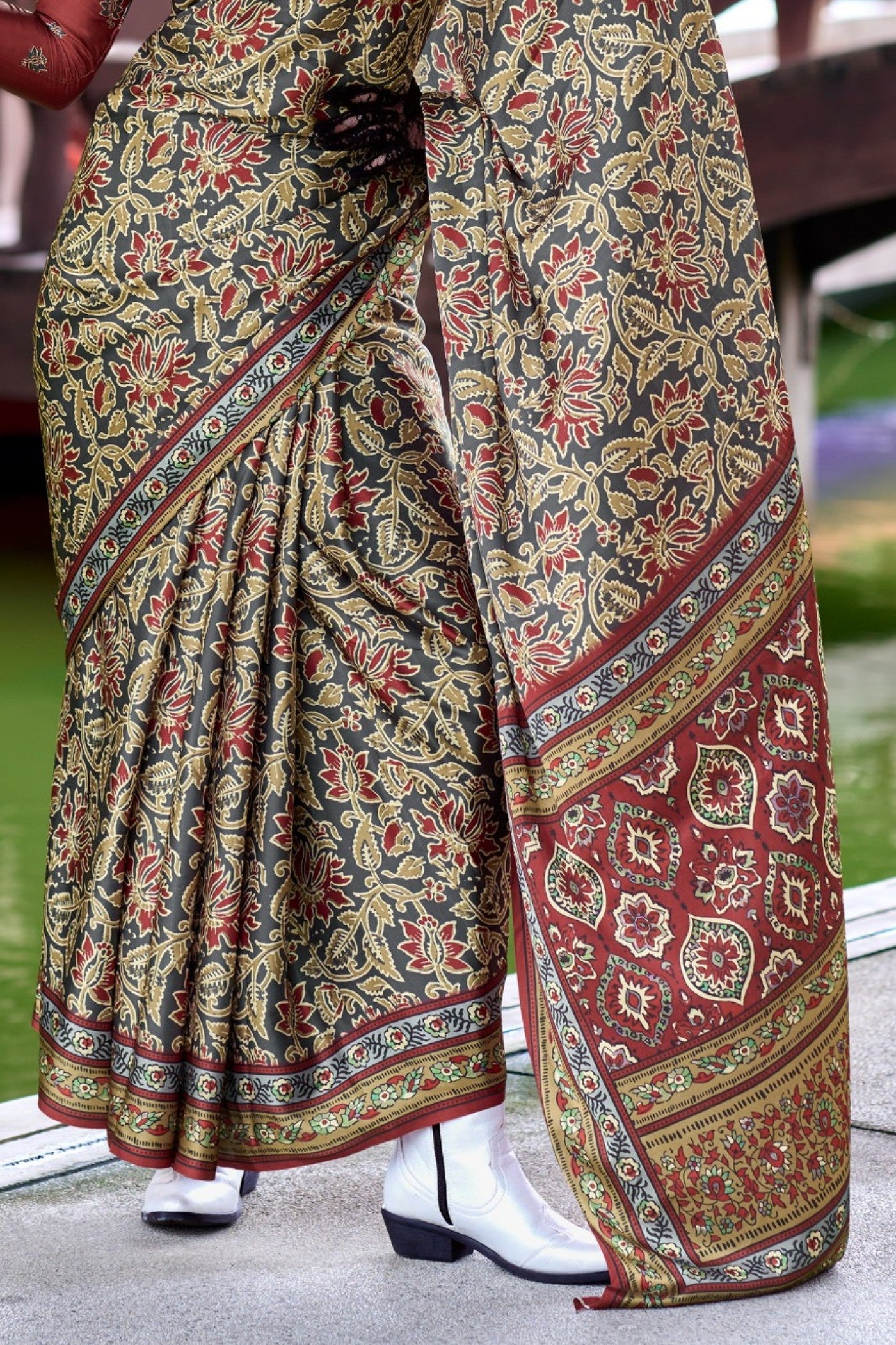 Buy MySilkLove Seaweed Green Ajrakh Printed Satin Crepe Silk Saree Online
