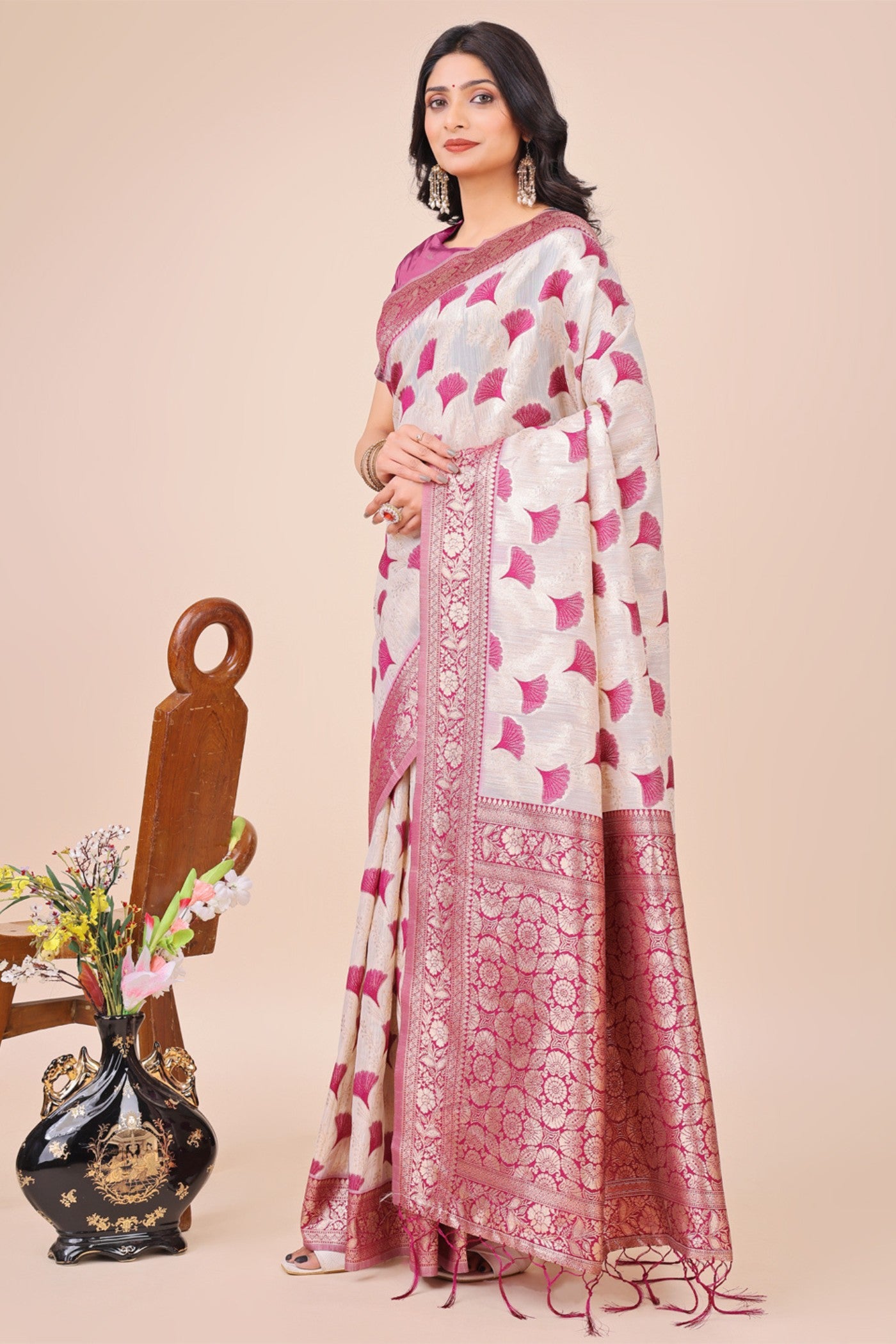 Buy MySilkLove Bone White and Pink Linen Cotton Saree Online