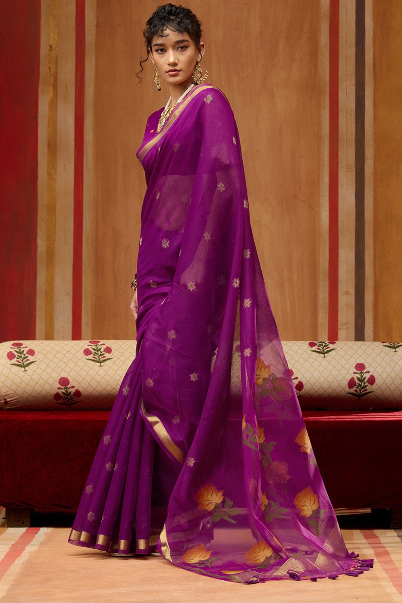 Buy MySilkLove Pum Purple Handloom Muga Cotton Saree Online